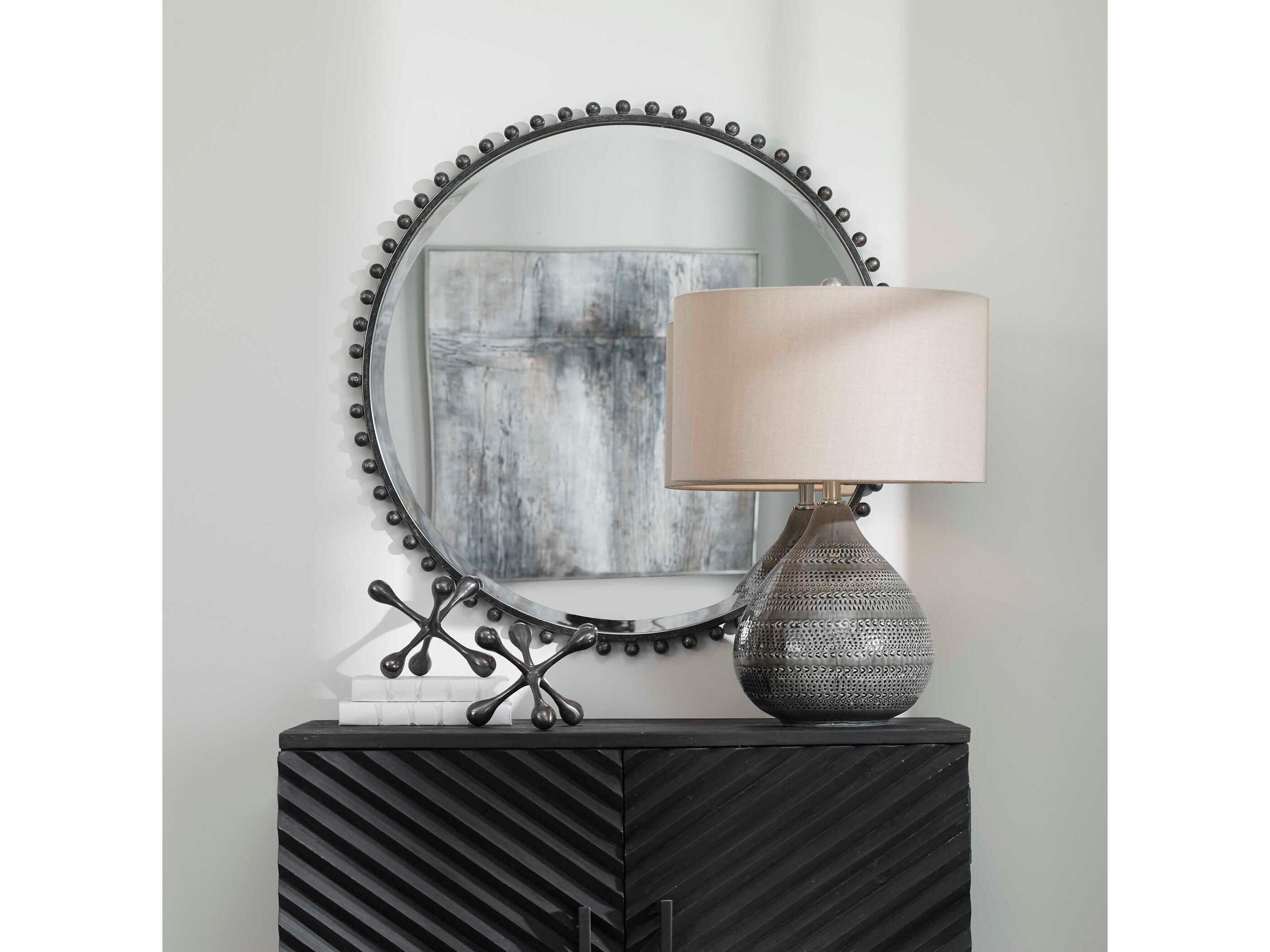 Uttermost Taza Distressed Black / Light Gray Round Wall Mirror