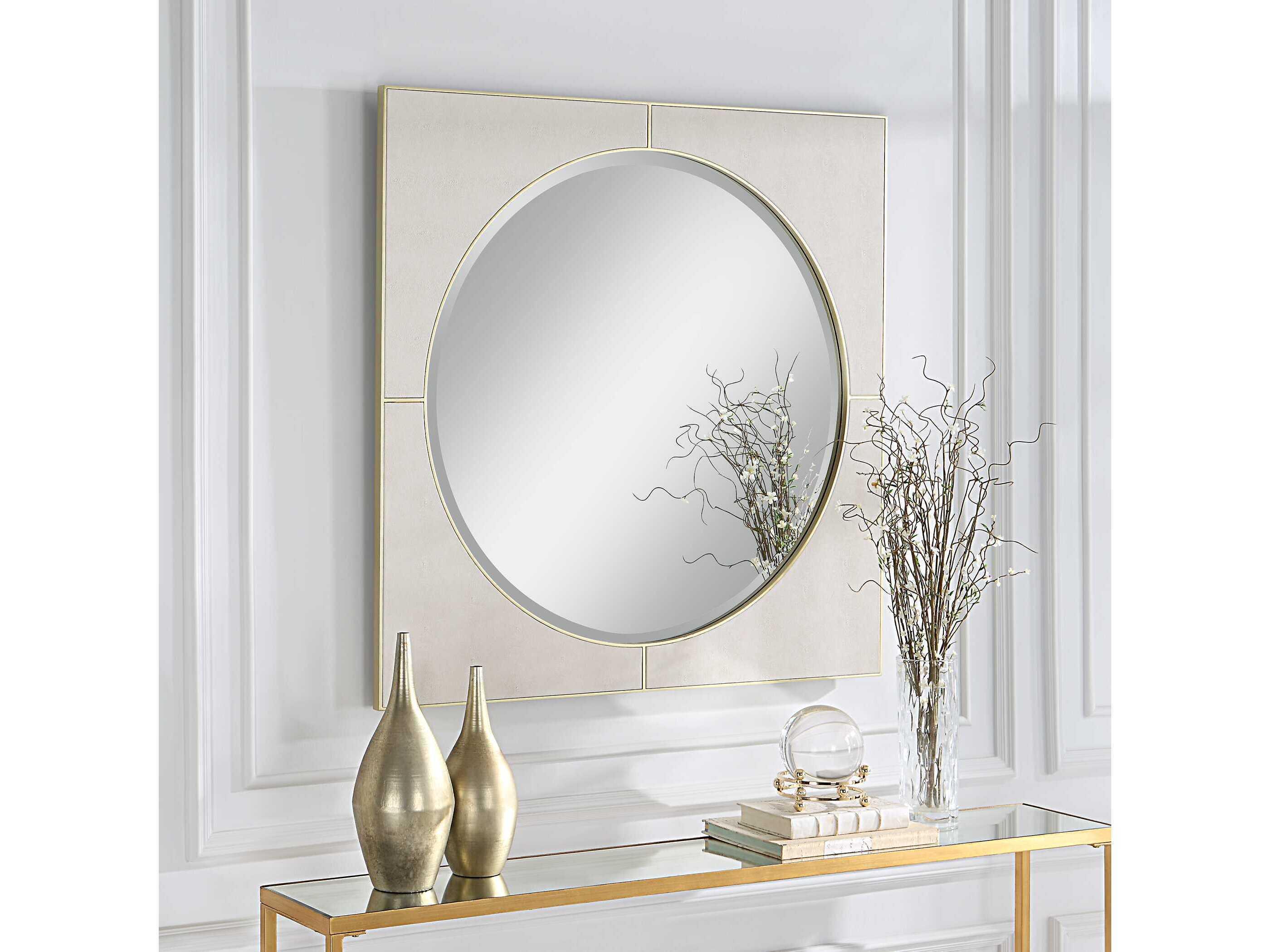 Uttermost Cyprus White Faux Shagreen / Soft Gold Square Wall Mirror