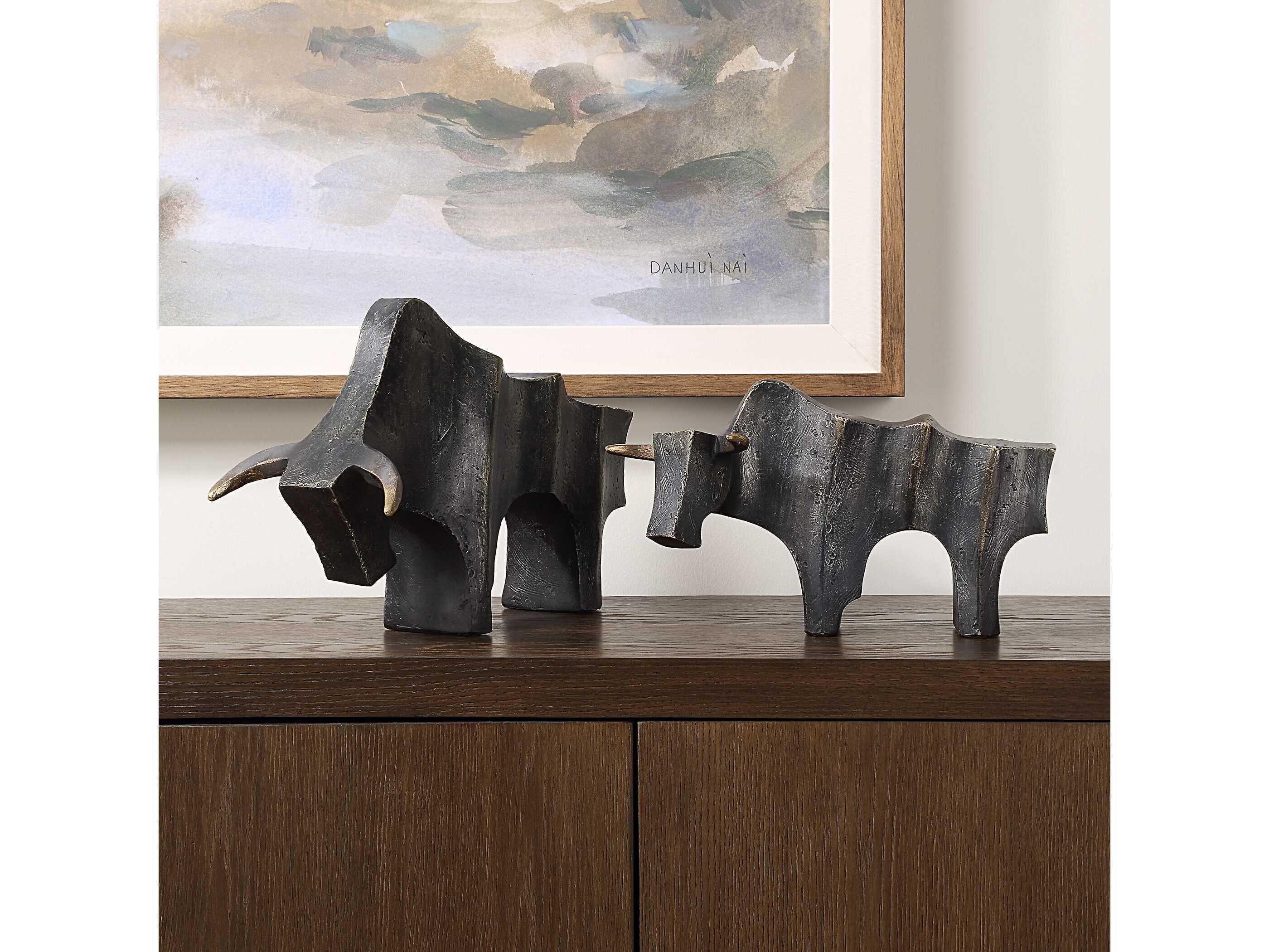 Uttermost Regal Bull Bronze Sculptures Set of 2