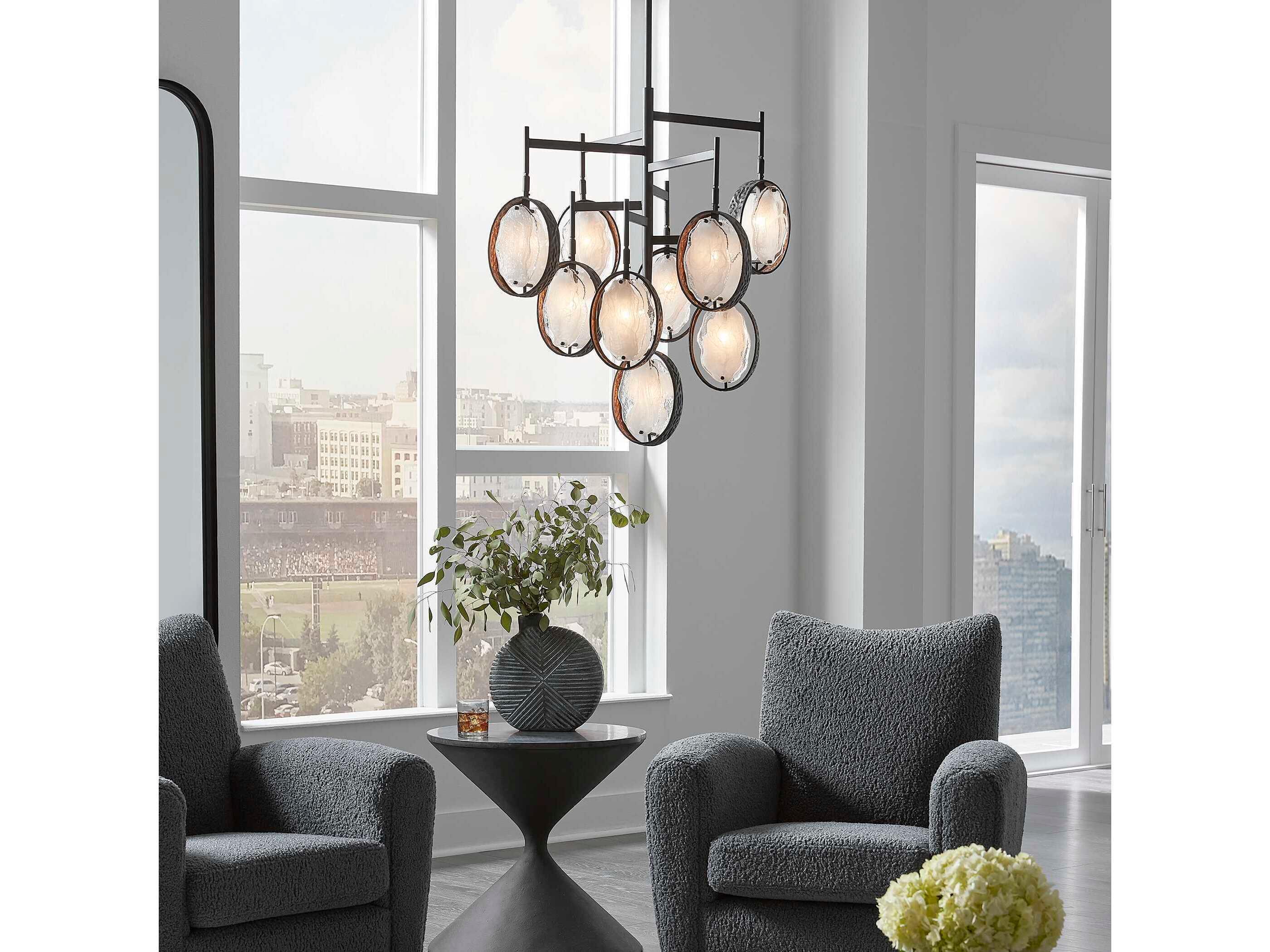 Uttermost Maxin 9-Light Dark Hammered Bronze Glass Round Tiered Chandelier