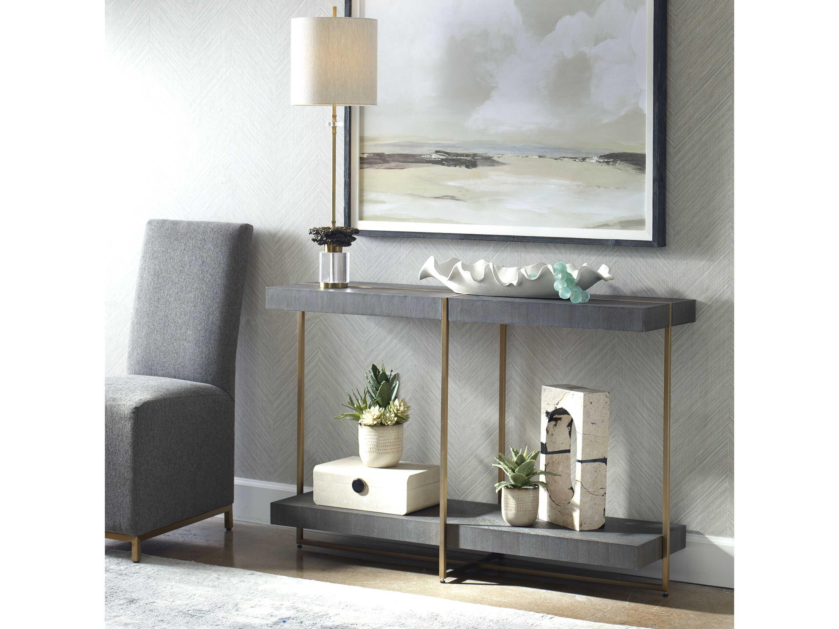 Uttermost Taja Rectangular Wood Brushed Brass Light Gray Console Table