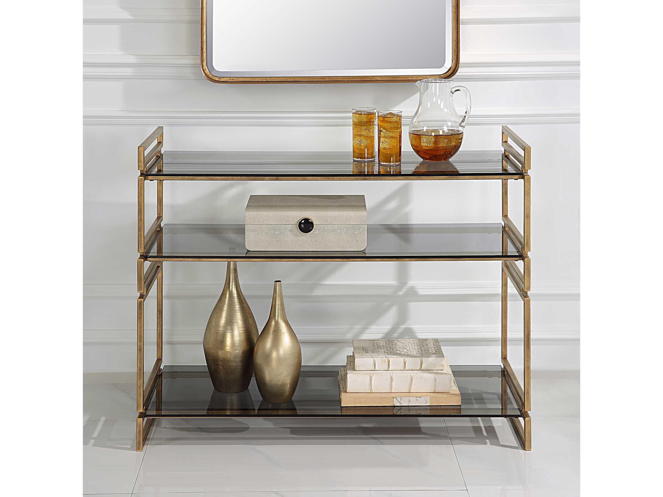 Uttermost Stacked Up Rectangular Glass Antique Gold Console Table