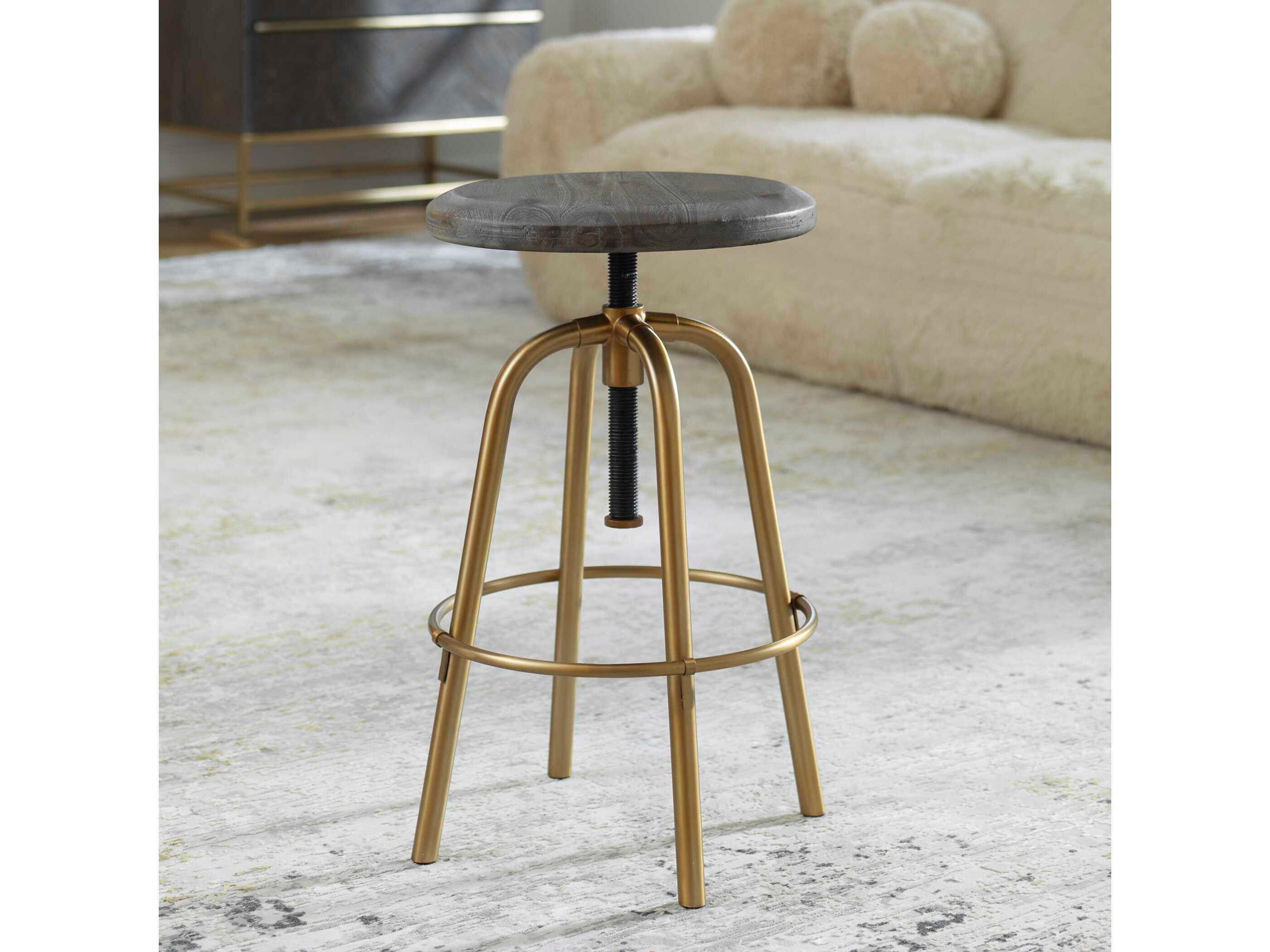 Uttermost Revolve Adjustable Acacia Wood Brushed Brass Counter Stool