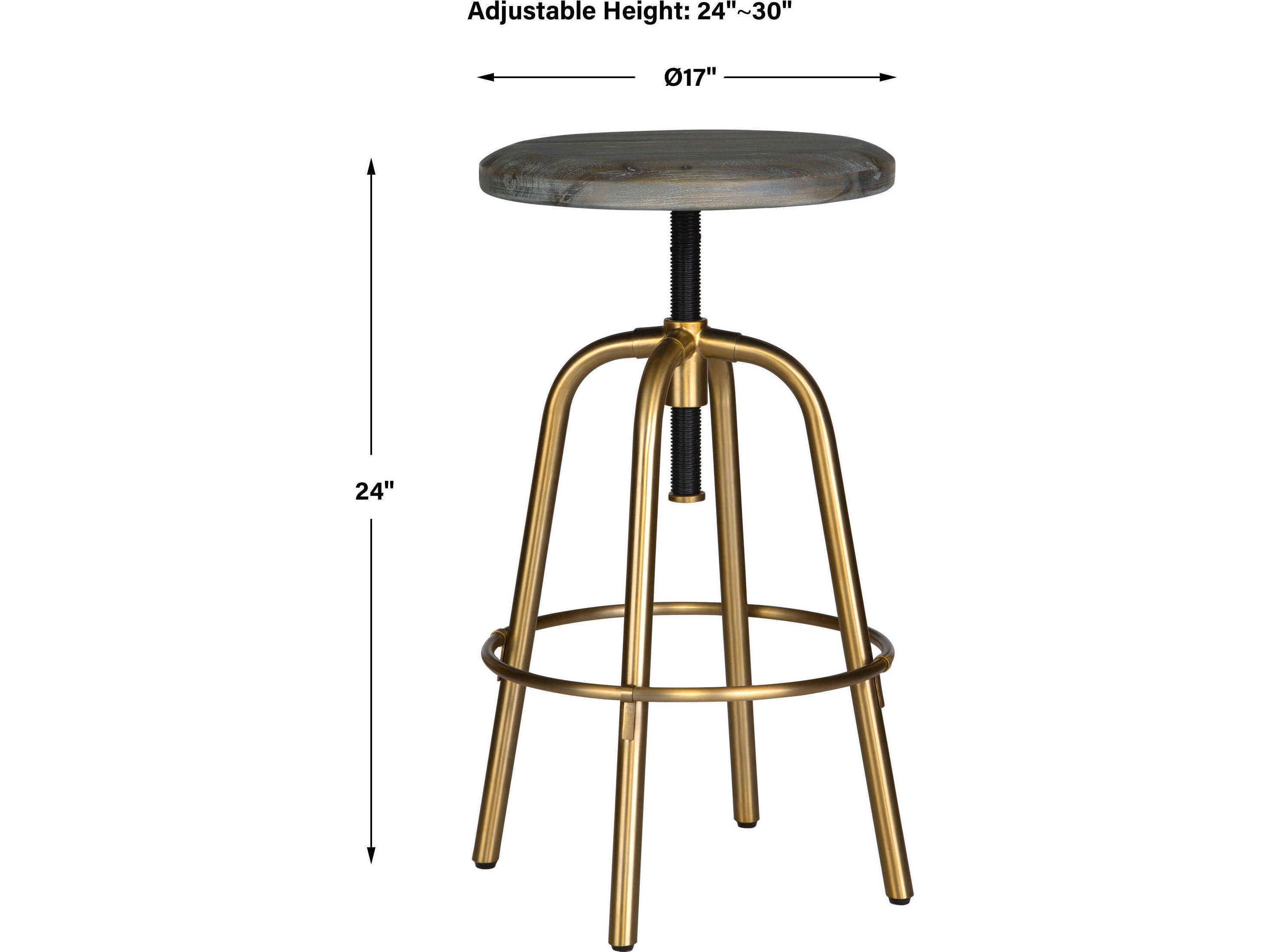 Uttermost Revolve Adjustable Acacia Wood Brushed Brass Counter Stool