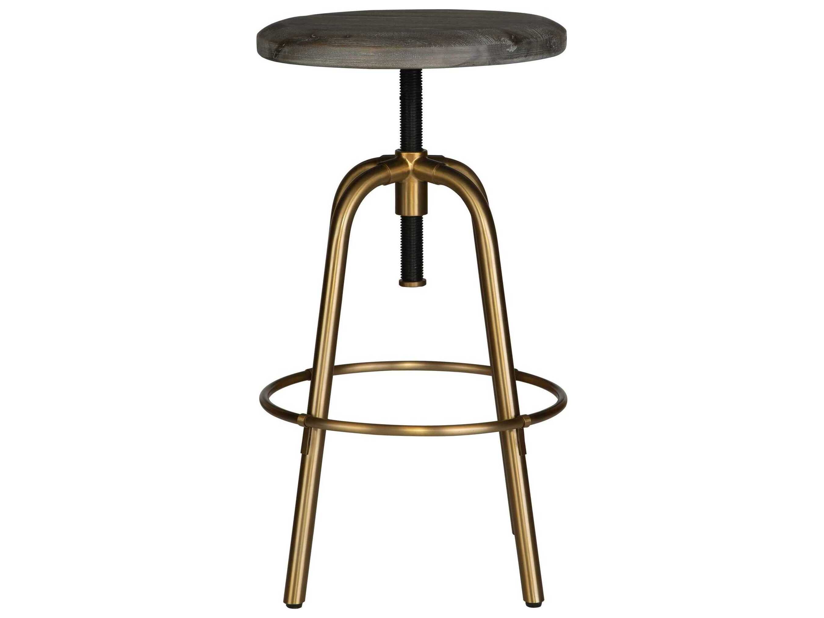 Uttermost Revolve Adjustable Acacia Wood Brushed Brass Counter Stool