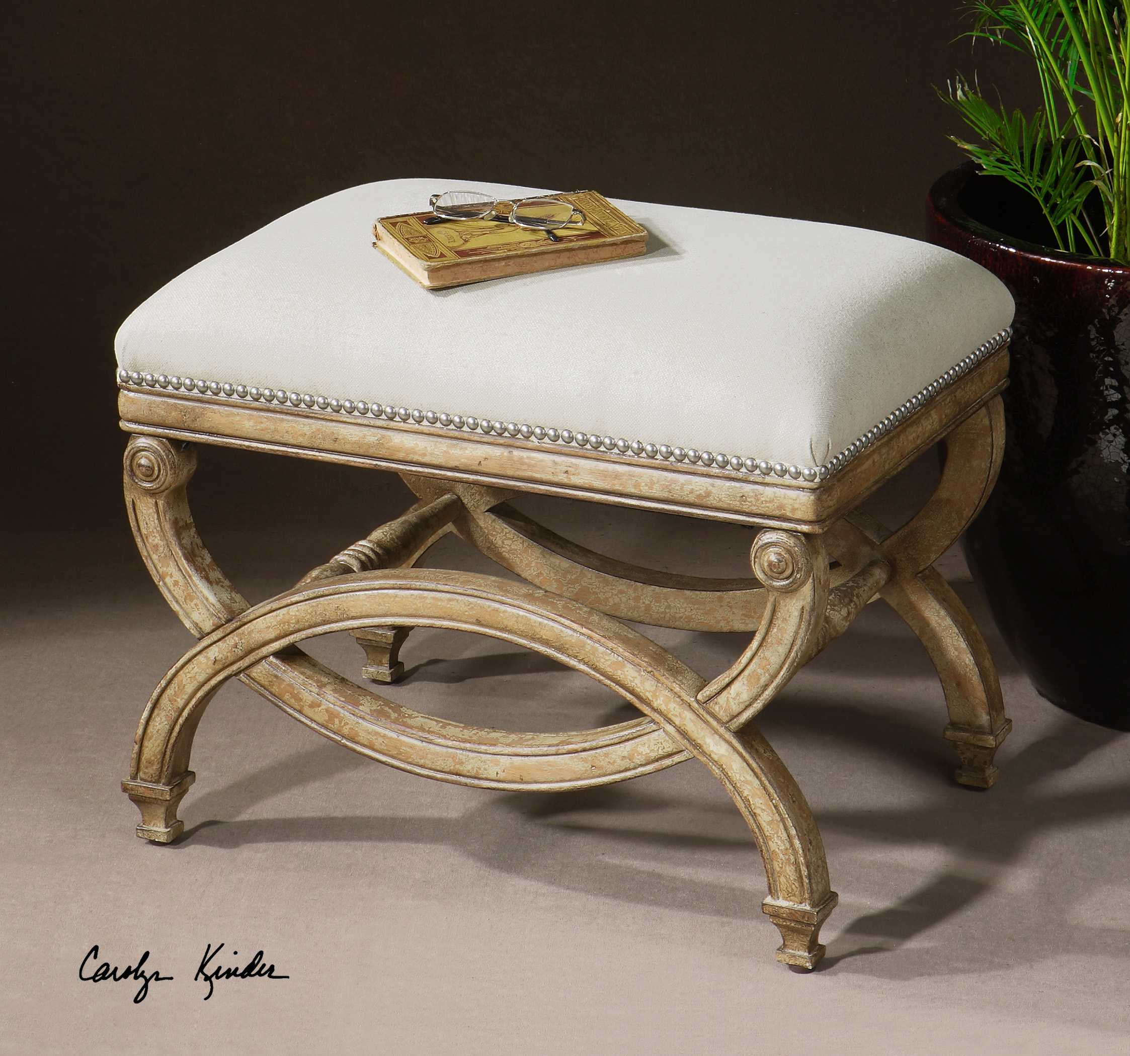 Uttermost Karline Antiqued Almond White Upholstered Accent Bench