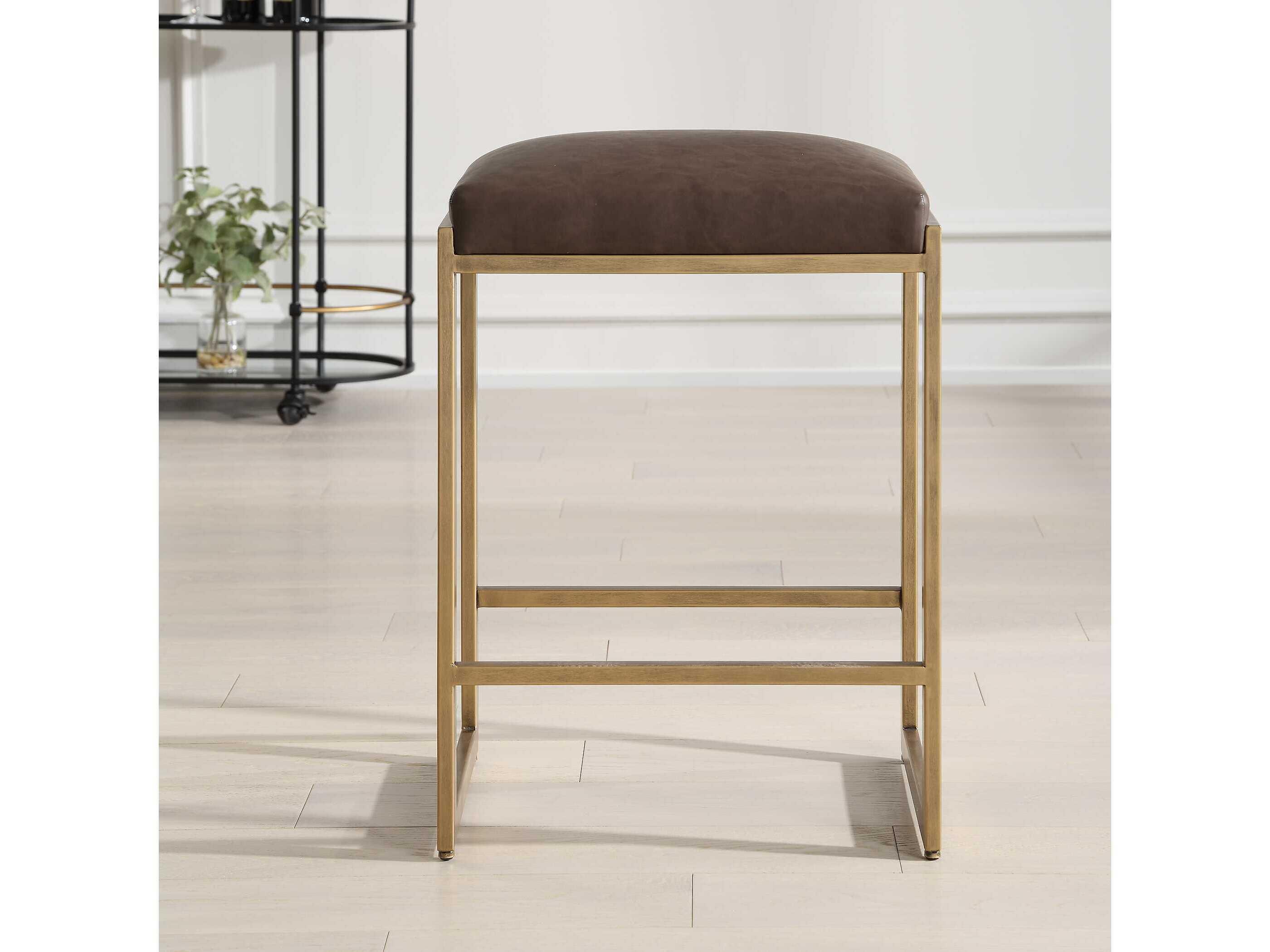 Uttermost Atticus Cocoa Antique Brushed Brass Faux Leather Counter Stool