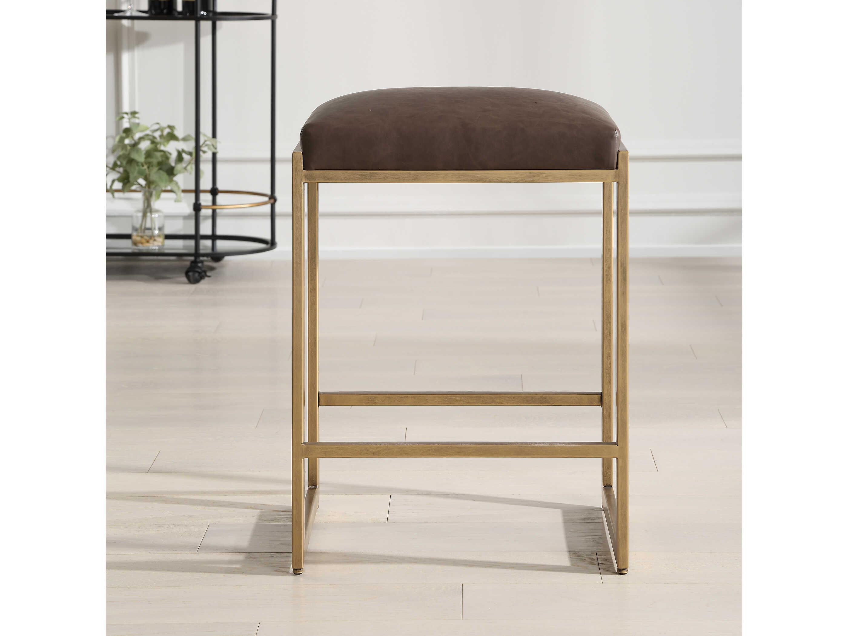 Uttermost Atticus Cocoa Antique Brushed Brass Faux Leather Counter Stool