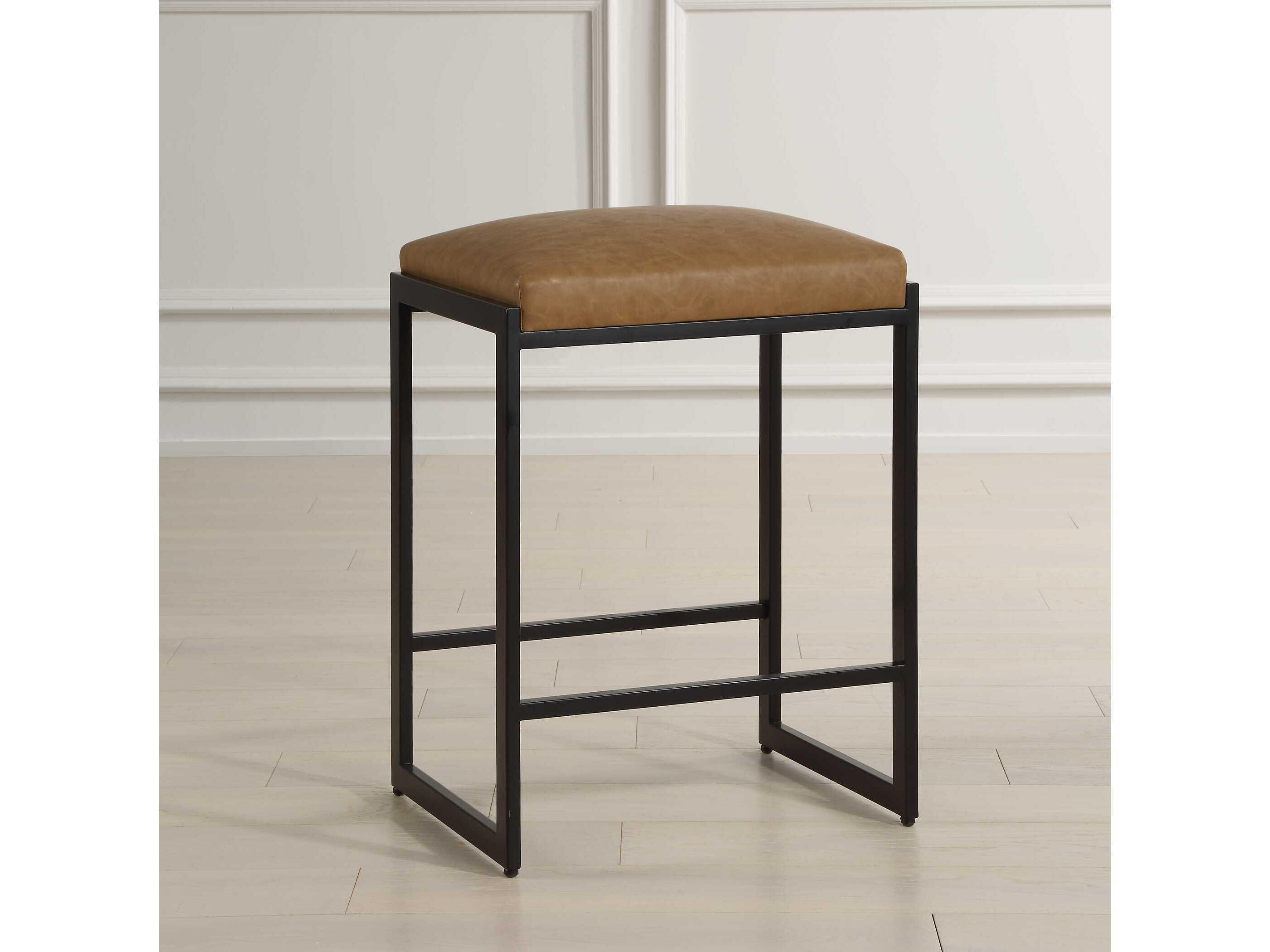 Uttermost Atticus Camel Satin Black Faux Leather Counter Stool