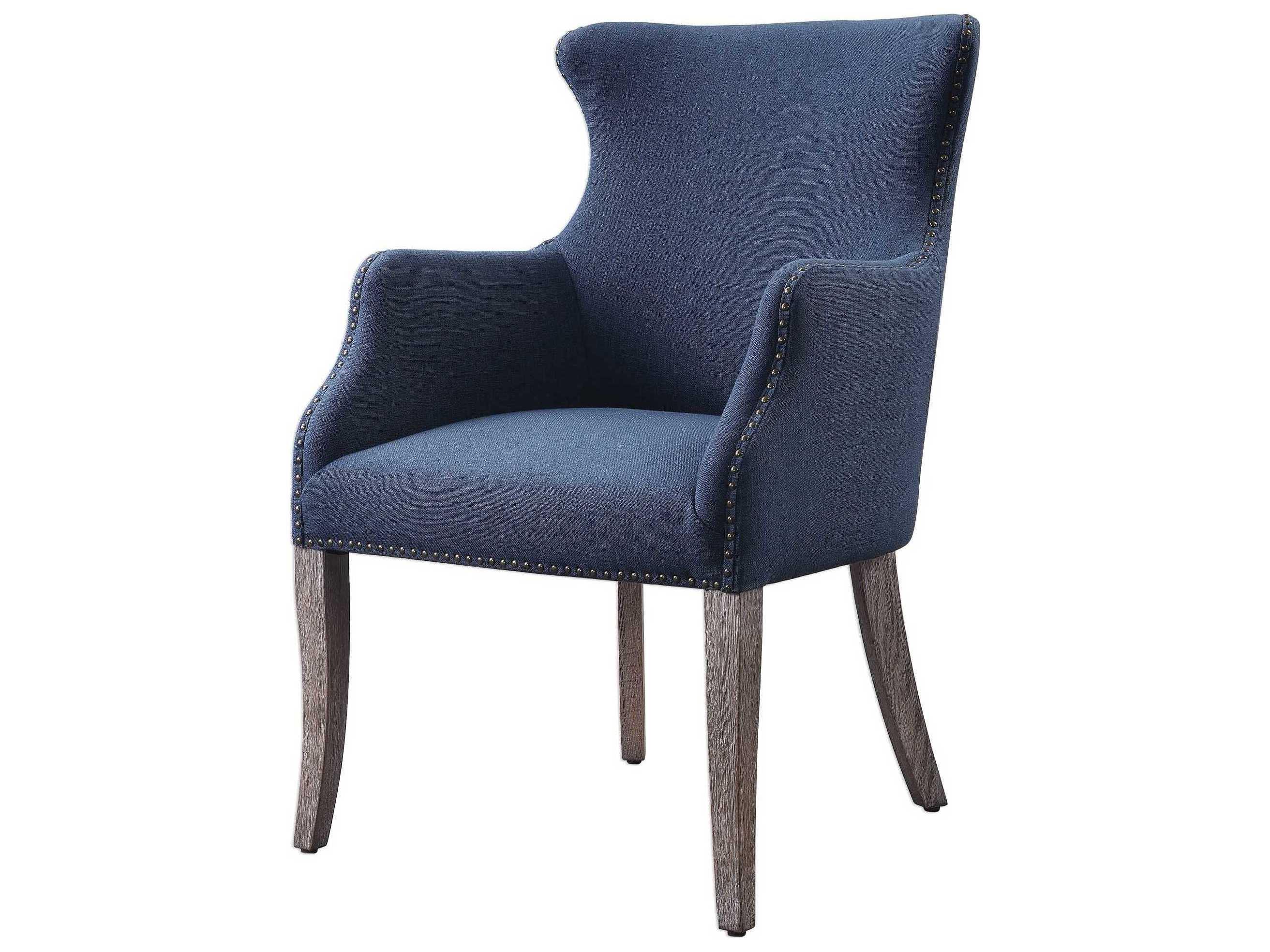 Uttermost Yareena Oak Wood Blue Upholstered Arm Dining Chair