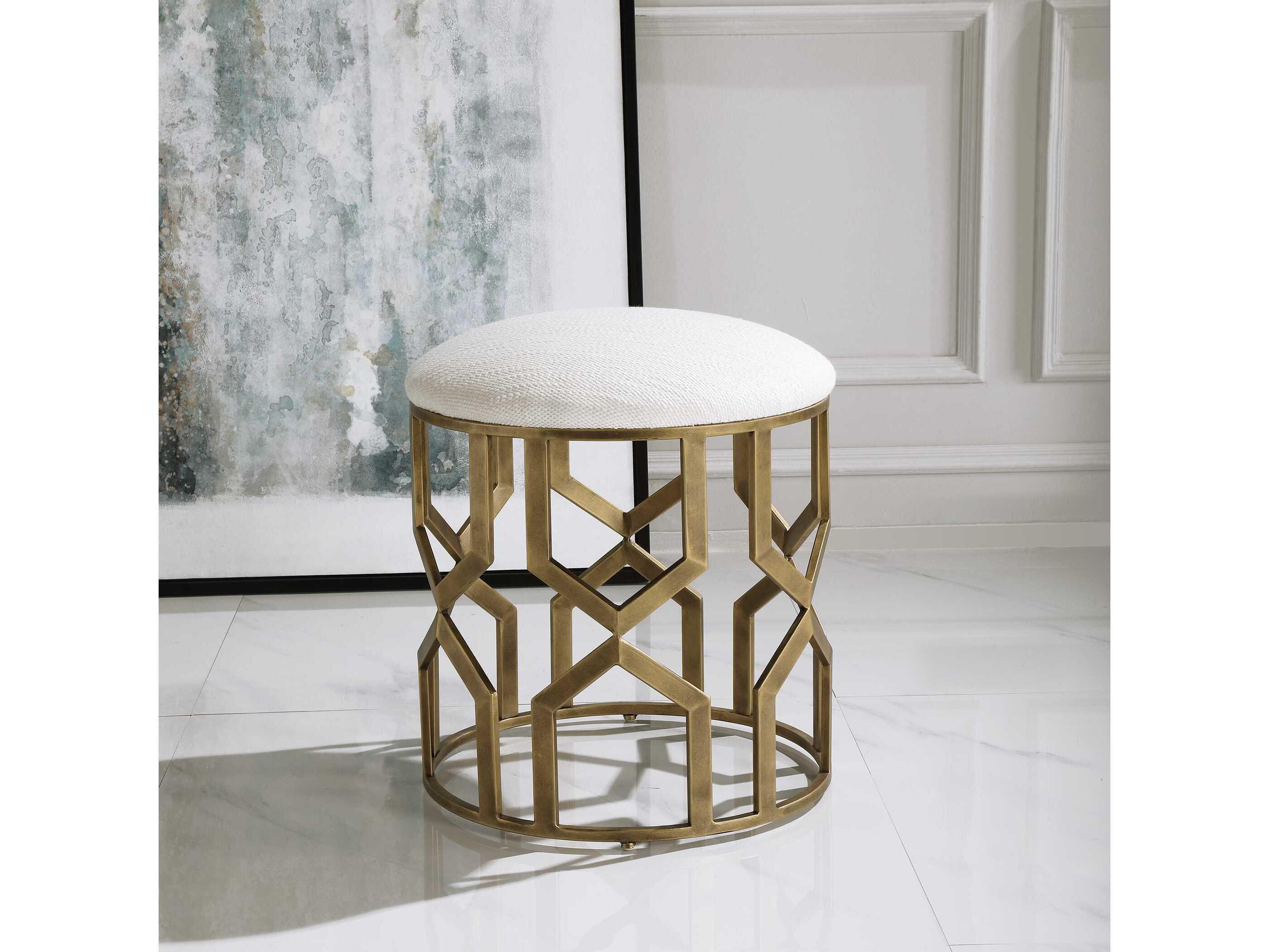 Uttermost Trellis Crisp White Gold Upholstered Accent Stool
