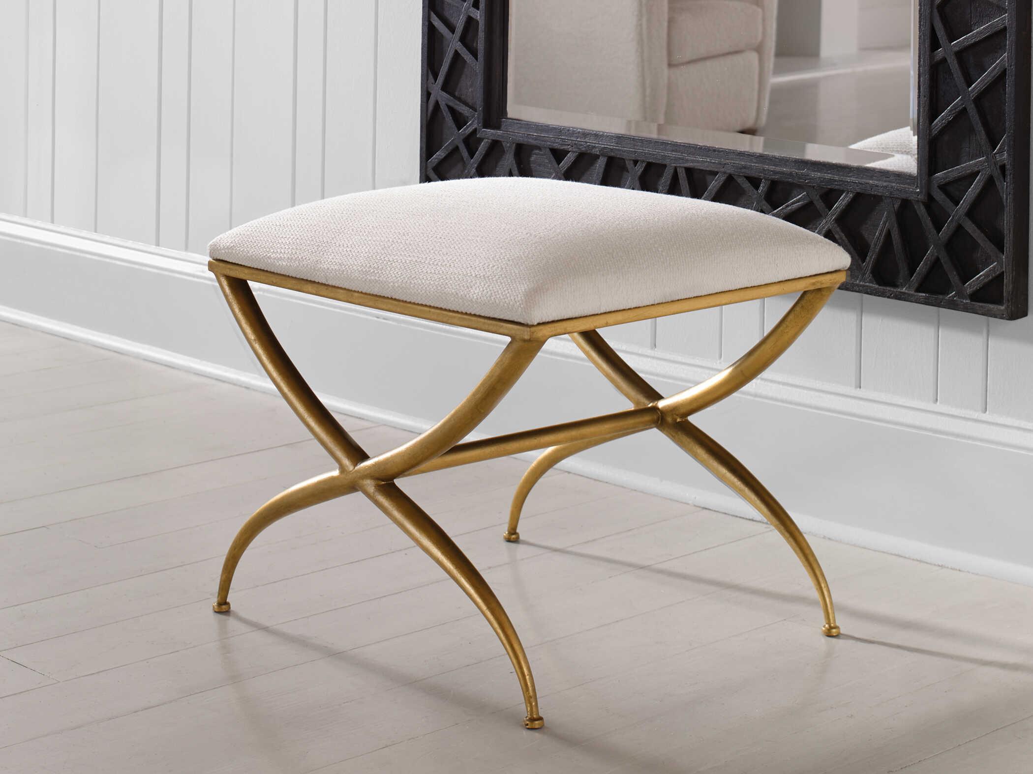 Uttermost Crossing White Gold Leaf Upholstered Accent Bench