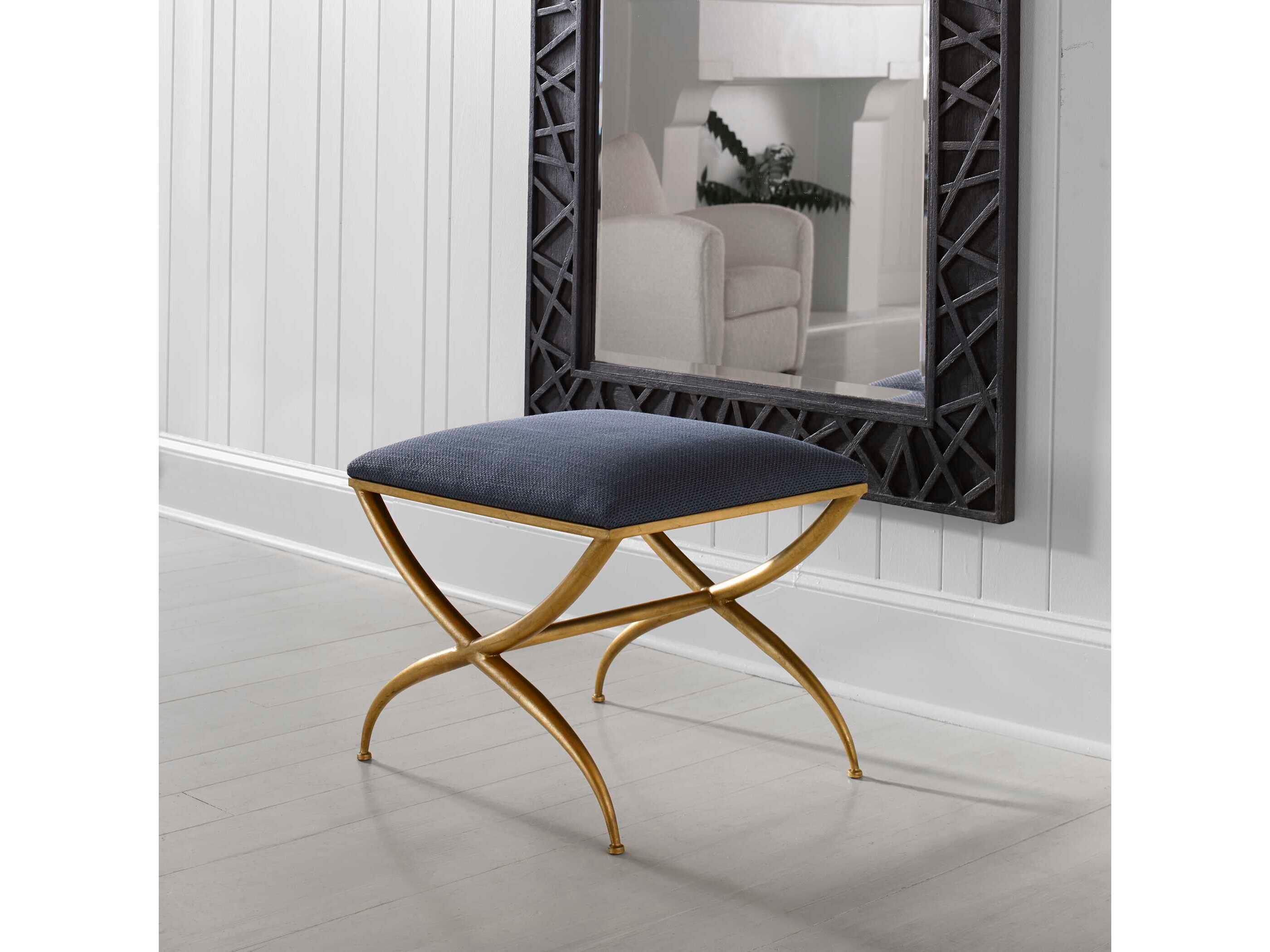 Uttermost Crossing Navy Blue Gold Leaf Upholstered Accent Bench
