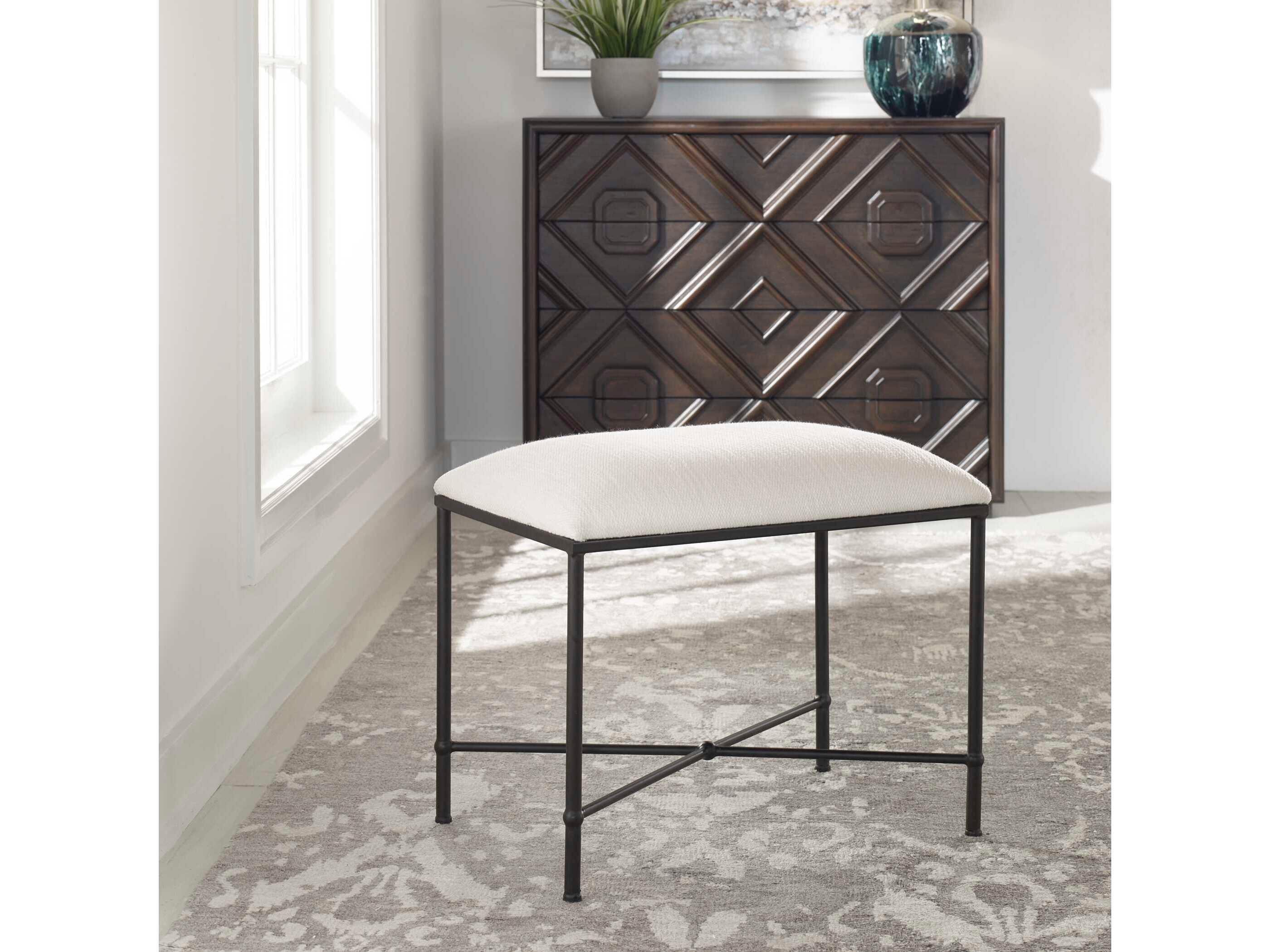 Uttermost Avenham White Satin Black Upholstered Accent Bench