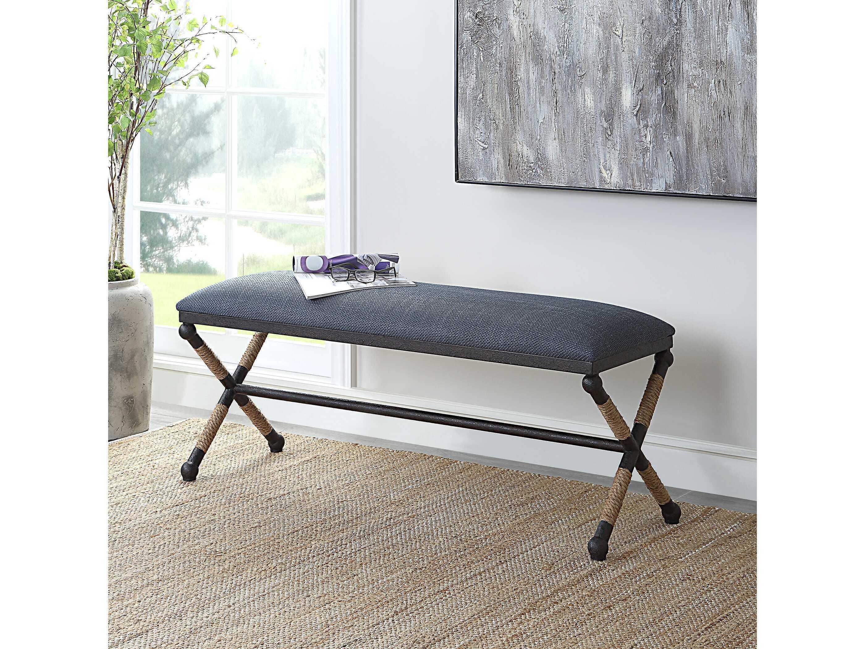 Uttermost Firth Rich Textured Navy Blue Upholstered Accent Bench