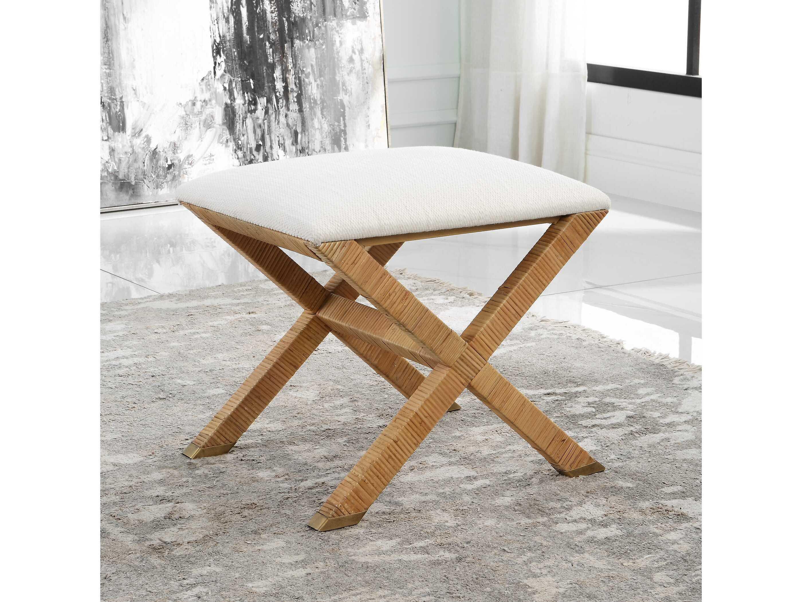 Uttermost White Natural Brown Upholstered Accent Stool