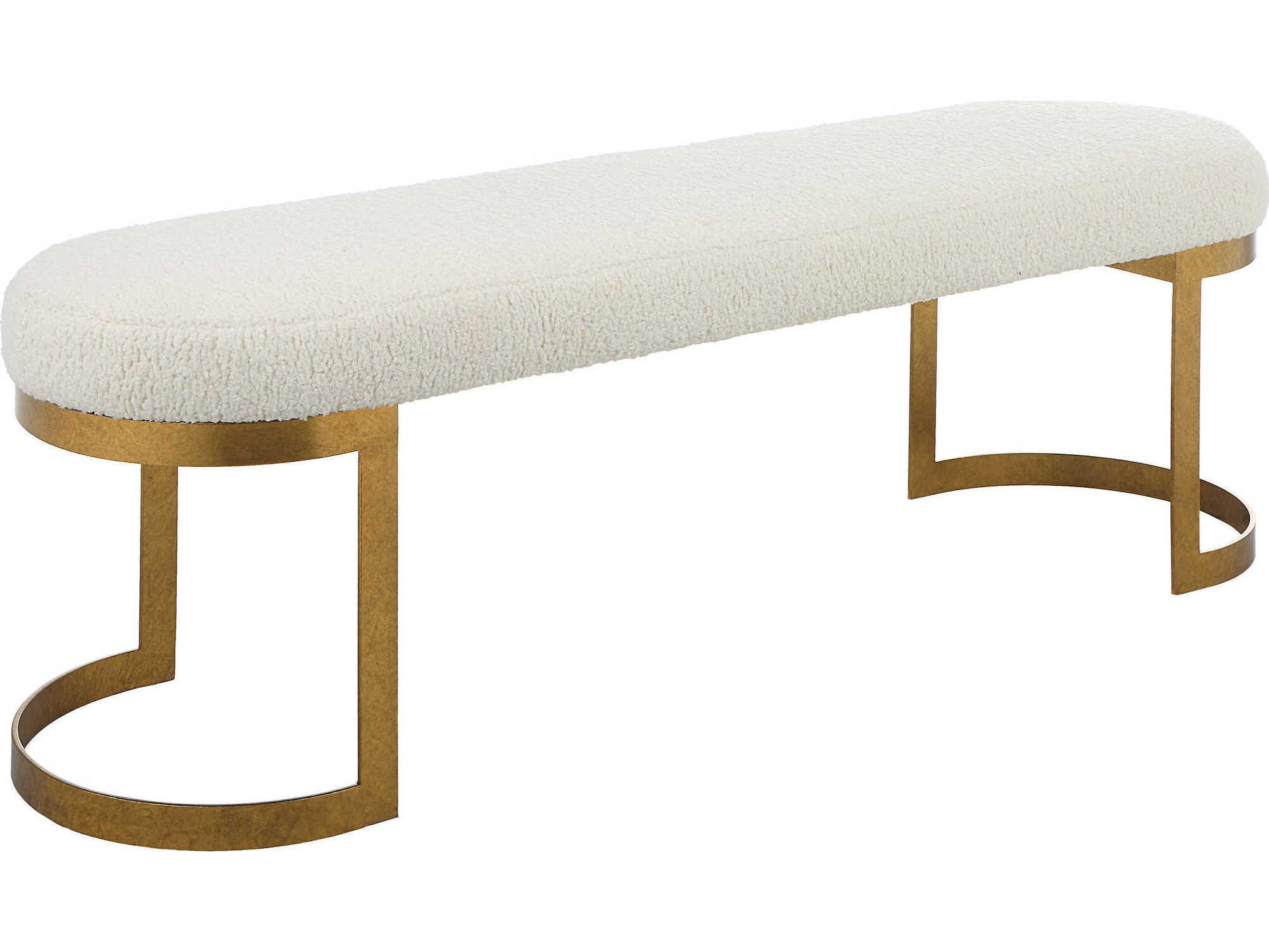 Uttermost Natural Antique Gold Leaf White Upholstered Accent Bench
