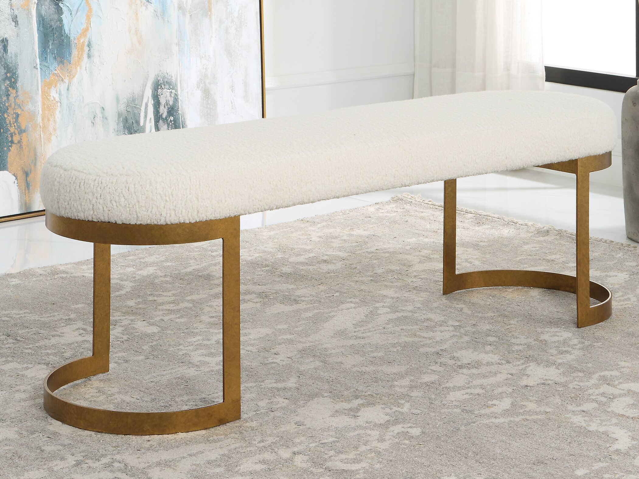 Uttermost Natural Antique Gold Leaf White Upholstered Accent Bench