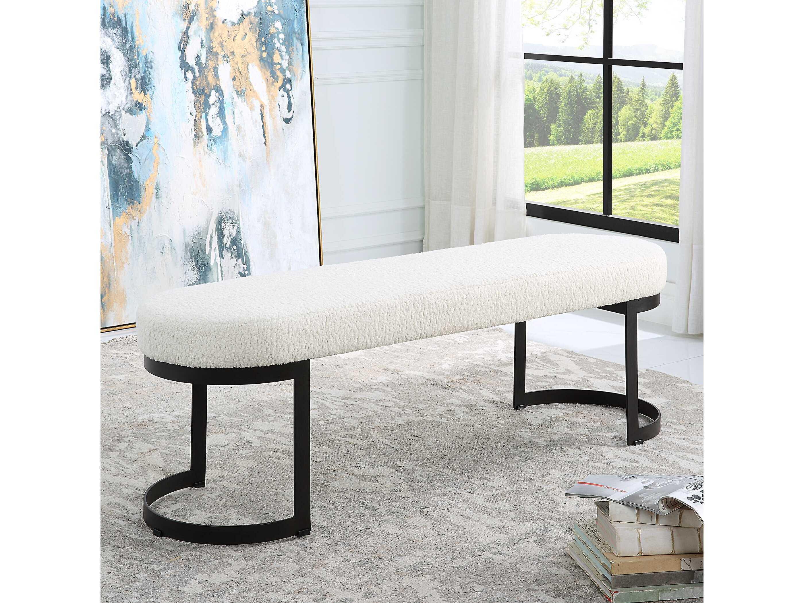 Uttermost Natural Matte Black White Upholstered Accent Bench