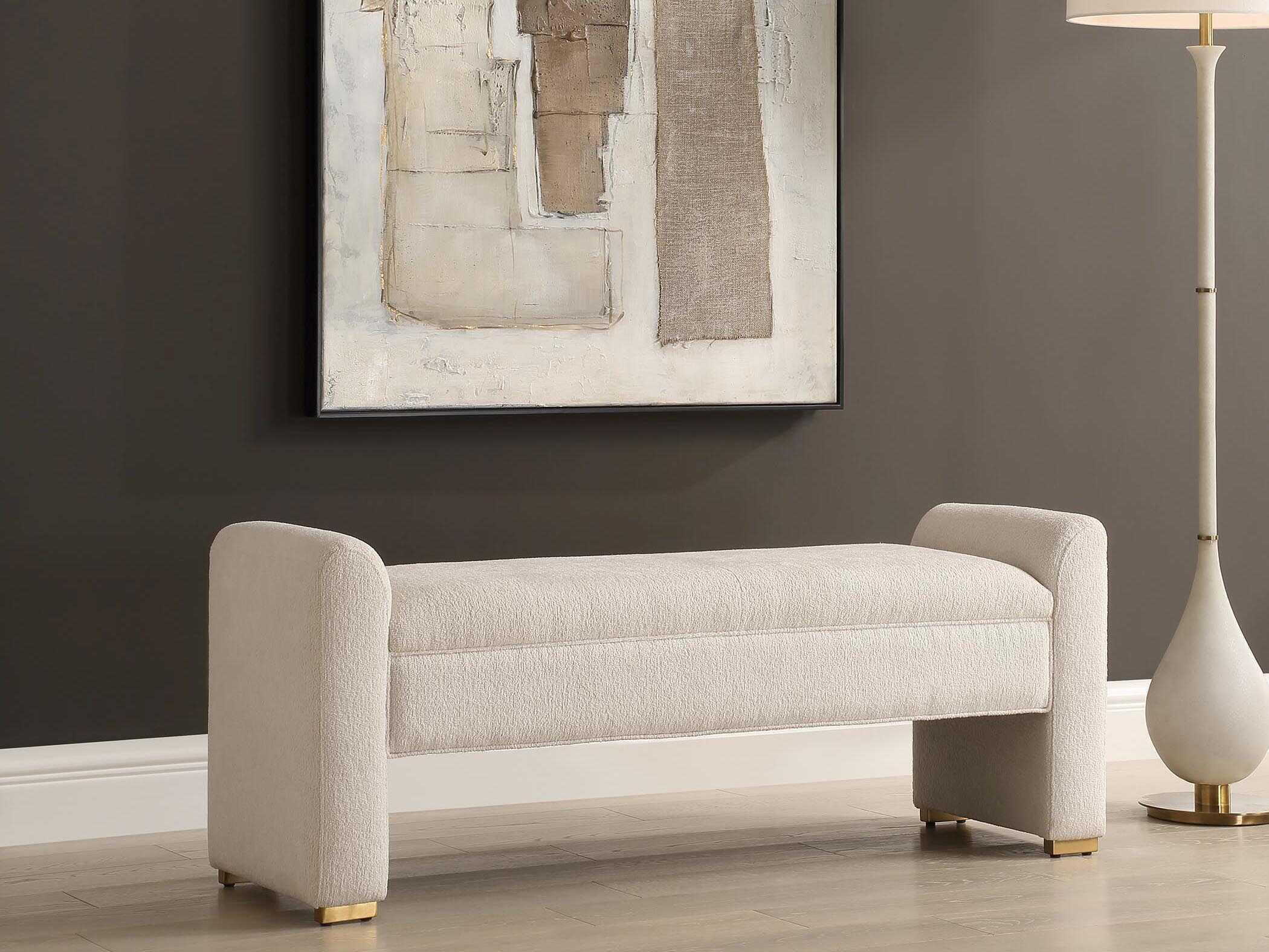 Uttermost Caliste Ivory Brushed Brass Beige Upholstered Accent Bench