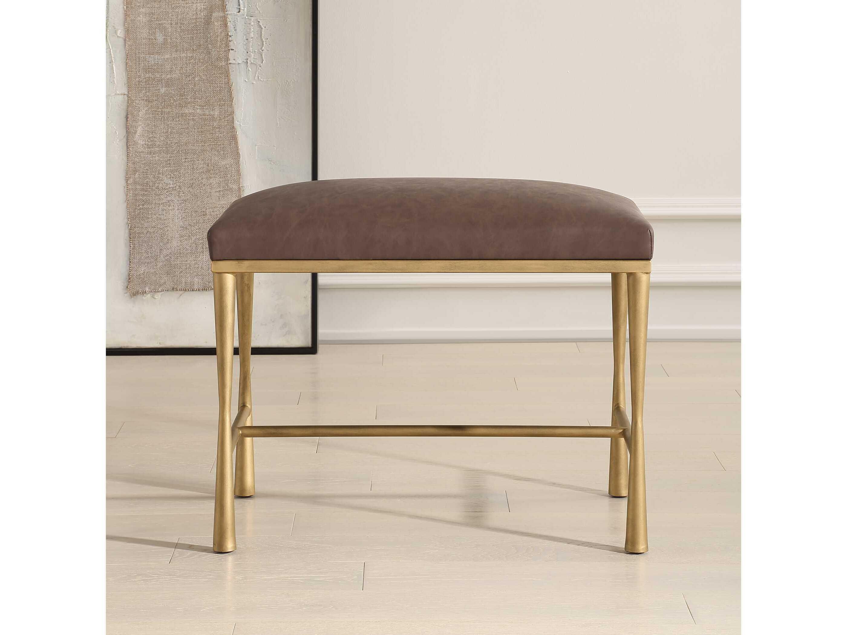 Uttermost Reform Cocoa Antique Gold Brown Faux Leather Accent Bench