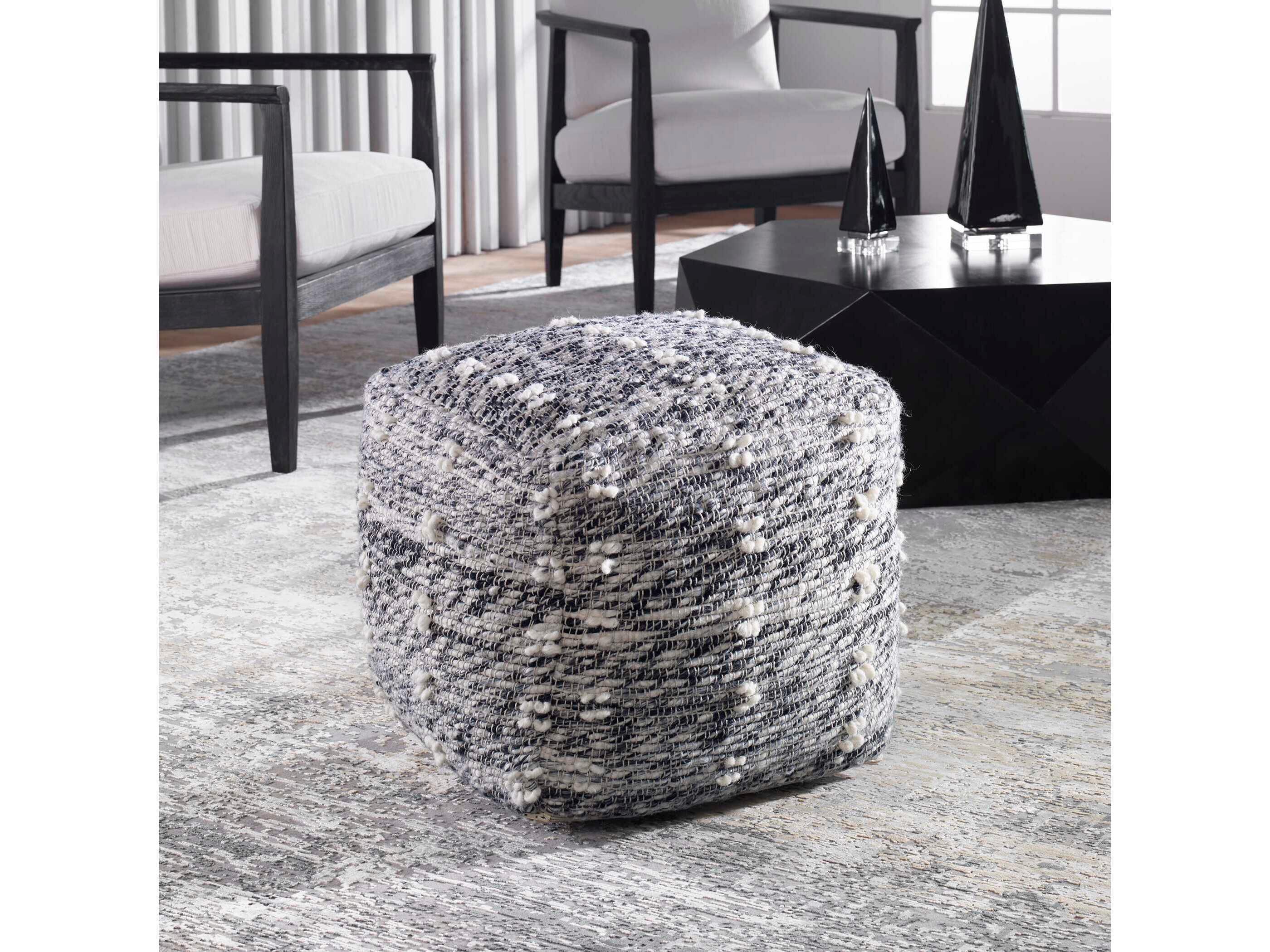 Uttermost Narol Gray Neutral Charcoal Black With Soft White Upholstered Pouf
