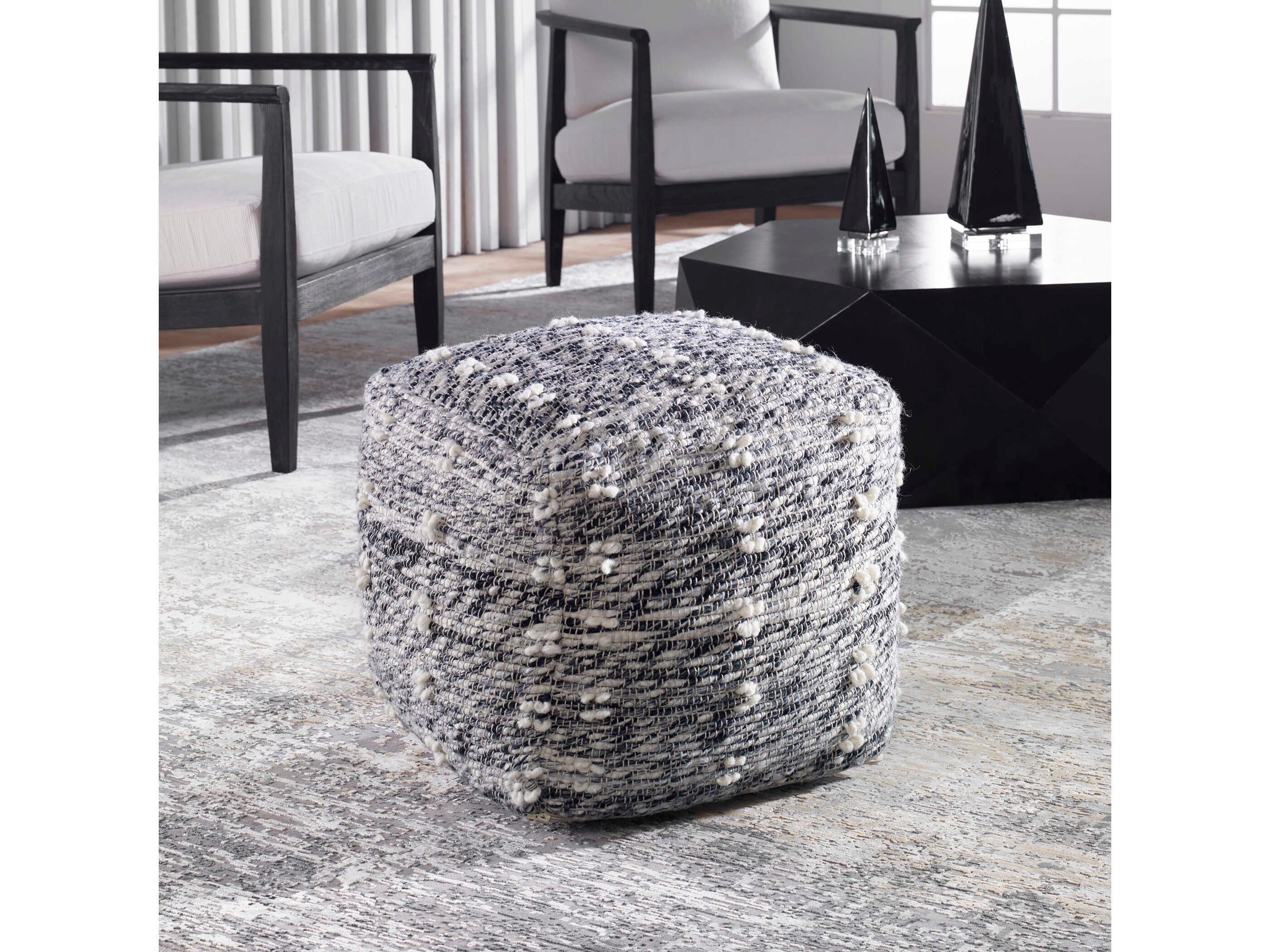 Uttermost Narol Gray Neutral Charcoal Black With Soft White Upholstered Pouf