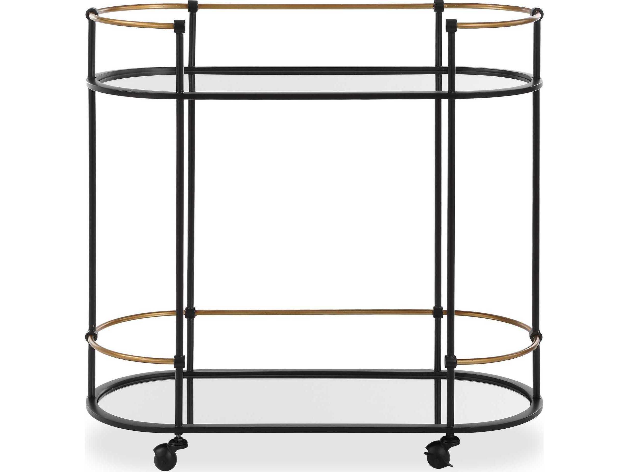 Uttermost Andre Glass Satin Black Antique Gold Bar Cart
