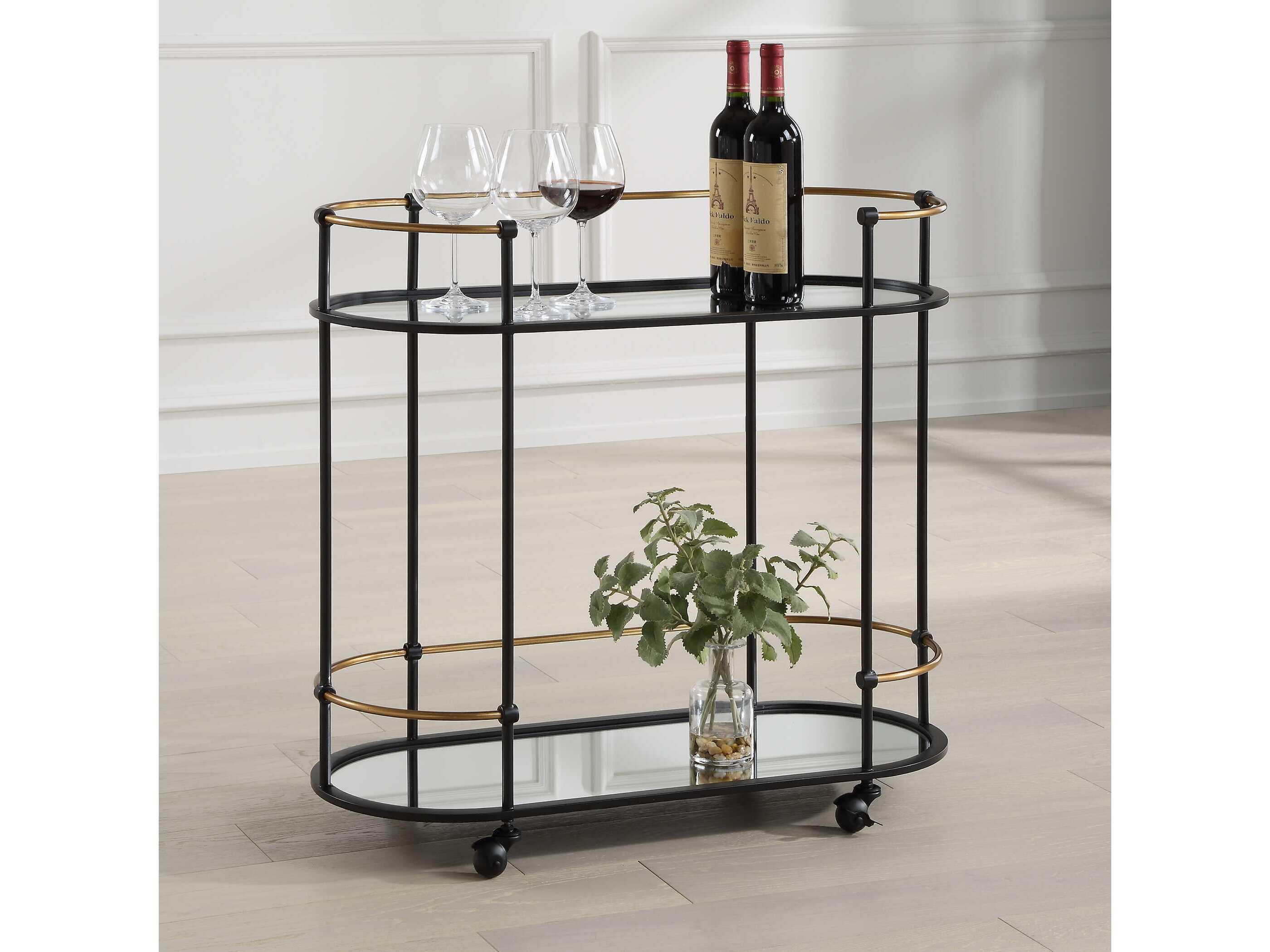 Uttermost Andre Glass Satin Black Antique Gold Bar Cart