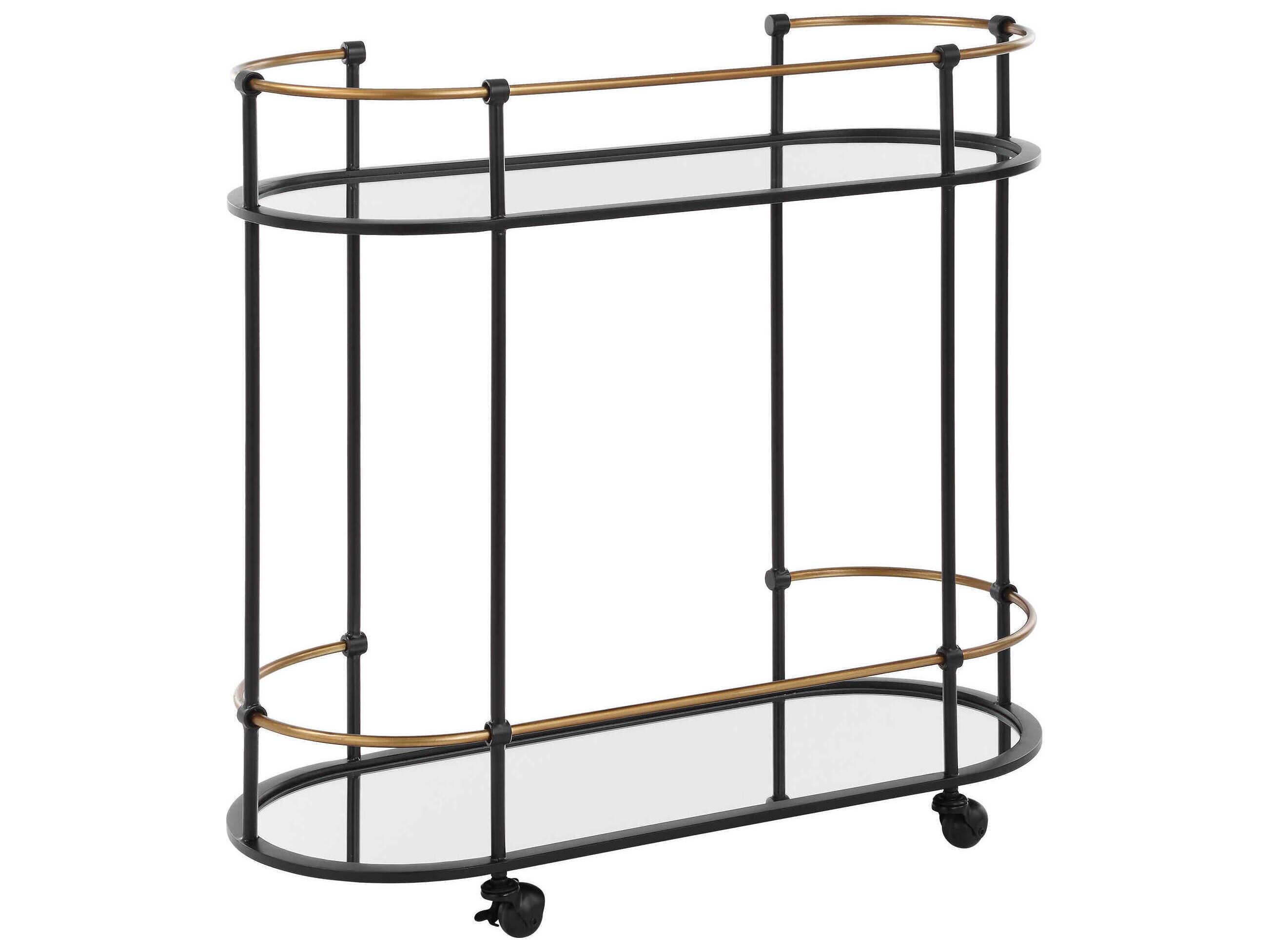 Uttermost Andre Glass Satin Black Antique Gold Bar Cart