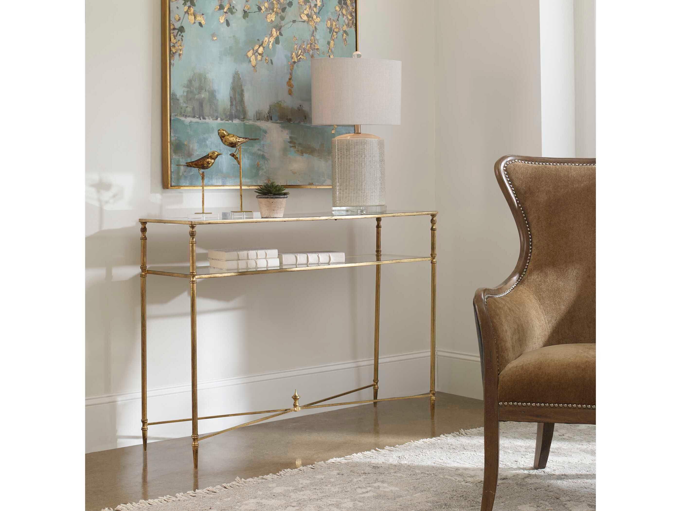 Uttermost Henzler Mirrored Glass Rectangular Antiqued Gold Leaf Console Table