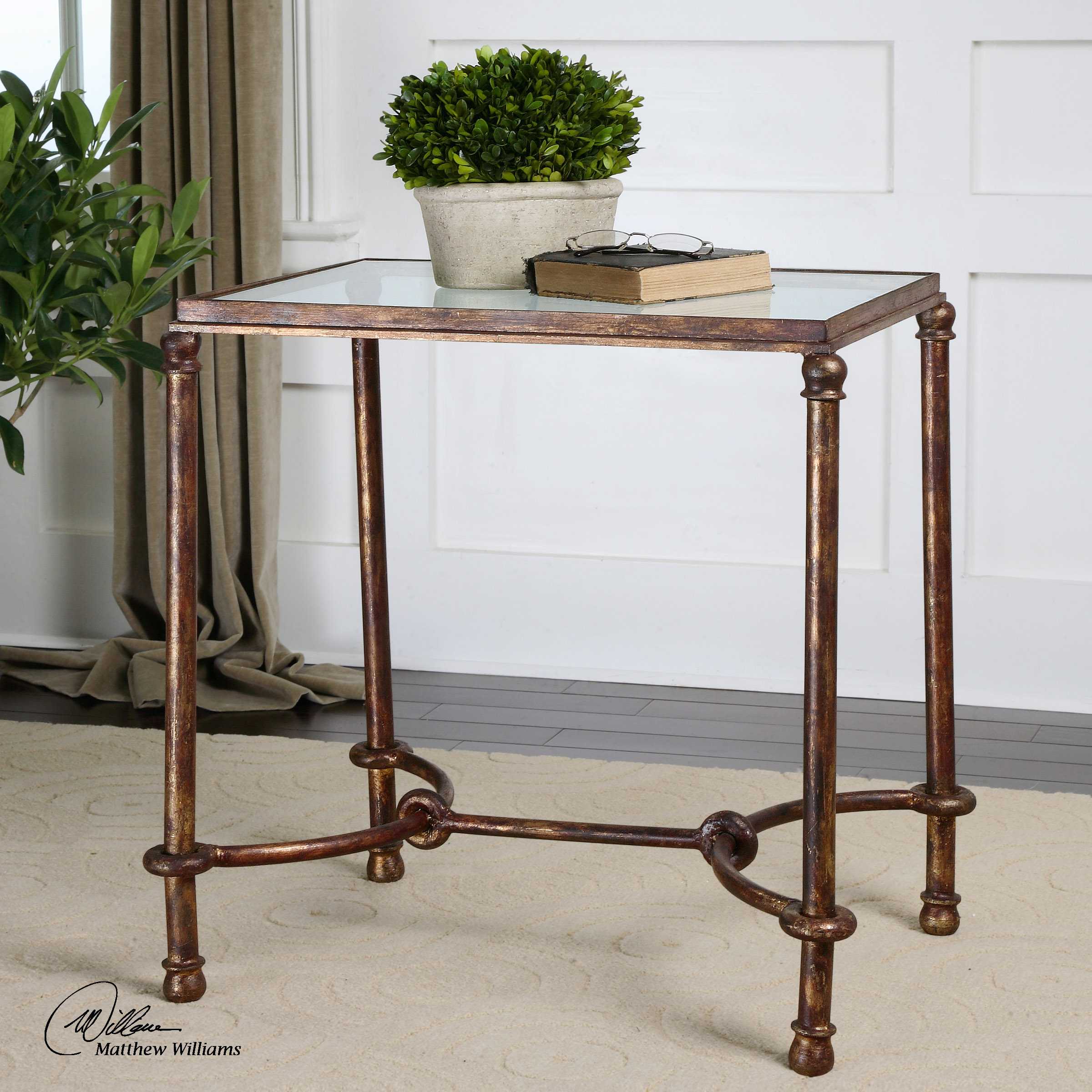 Uttermost Warring Rectangular Glass Rustic Bronze Patina End Table