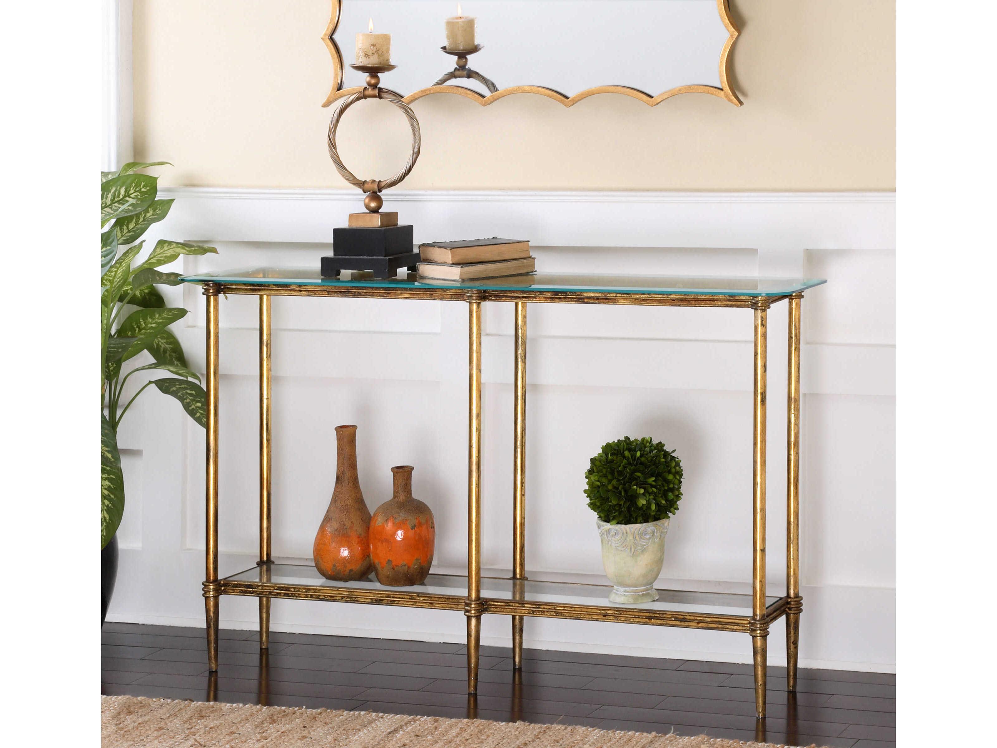 Uttermost Elenio Glass Rectangular Bright Gold Leaf Console Table