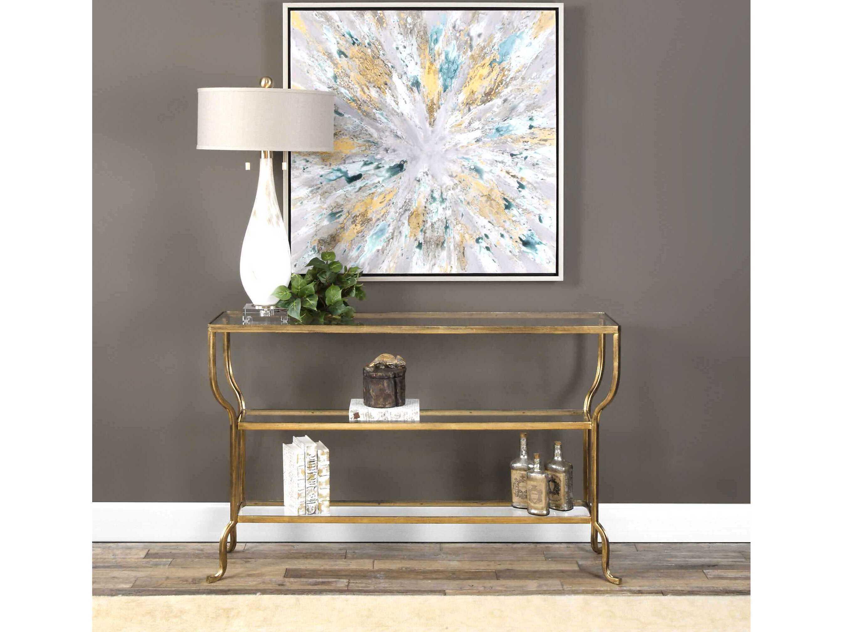 Uttermost Matthew Williams Deline Rectangular Glass Antiqued Gold Console Table