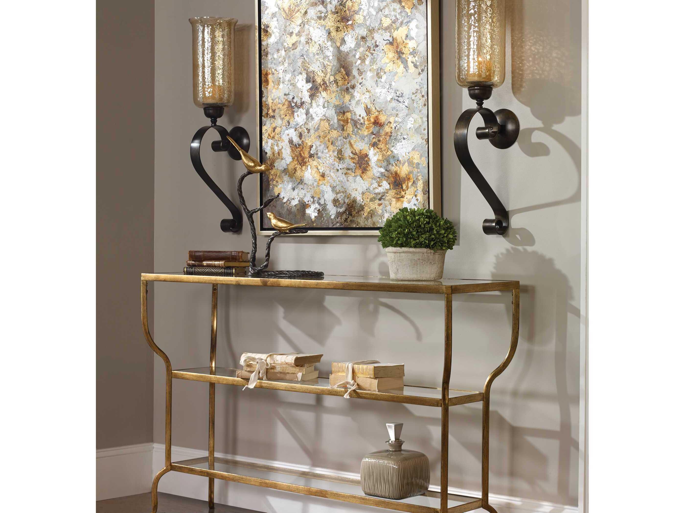 Uttermost Matthew Williams Deline Rectangular Glass Antiqued Gold Console Table