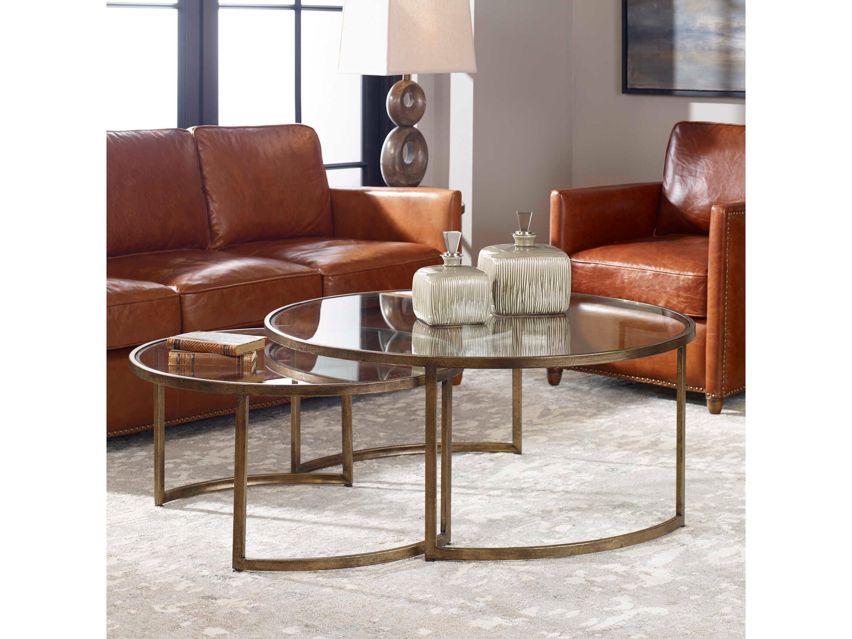 Uttermost Rhea Round Glass Antiqued Gold Leaf Coffee Table