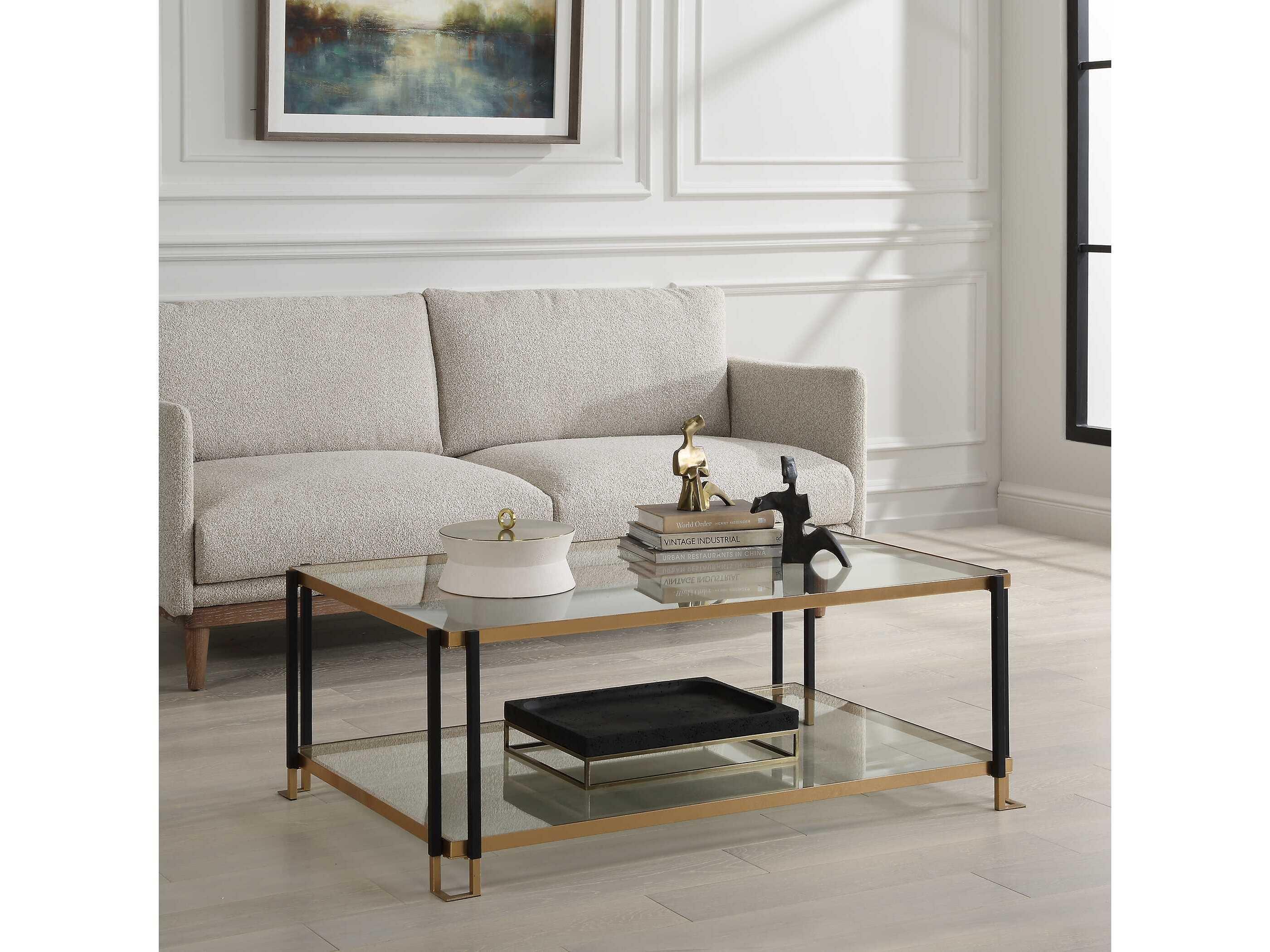 Uttermost Kentmore Rectangular Glass Matte Black Gold Leaf Coffee Table