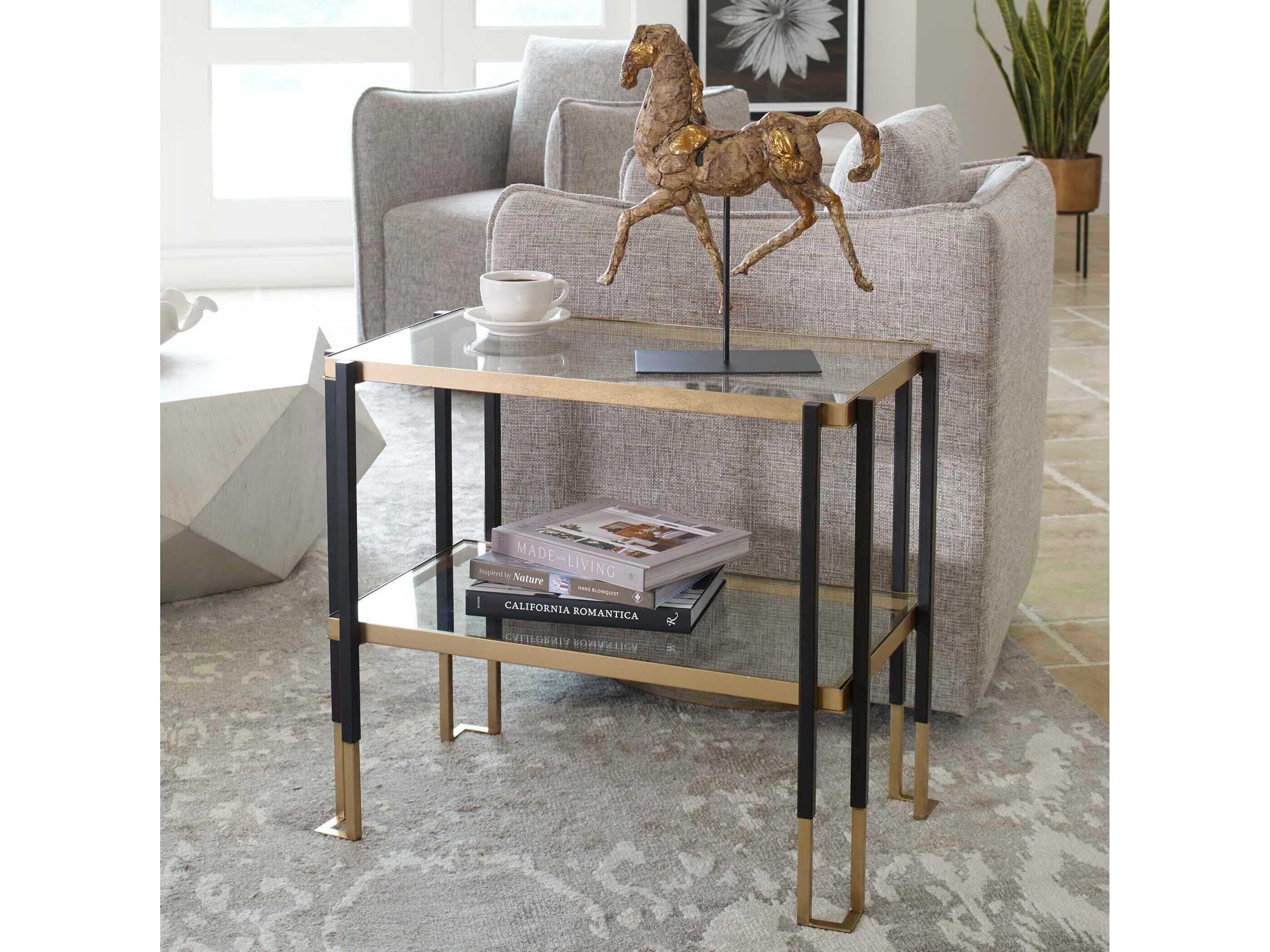 Uttermost Kentmore Rectangular Glass Matte Black Brushed Gold End Table