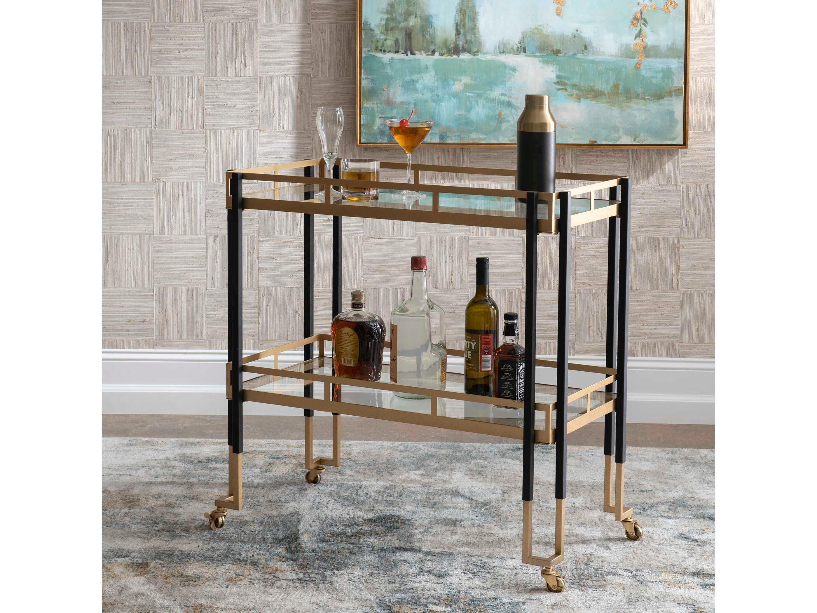 Uttermost Glass Matte Black Brushed Gold Bar Cart