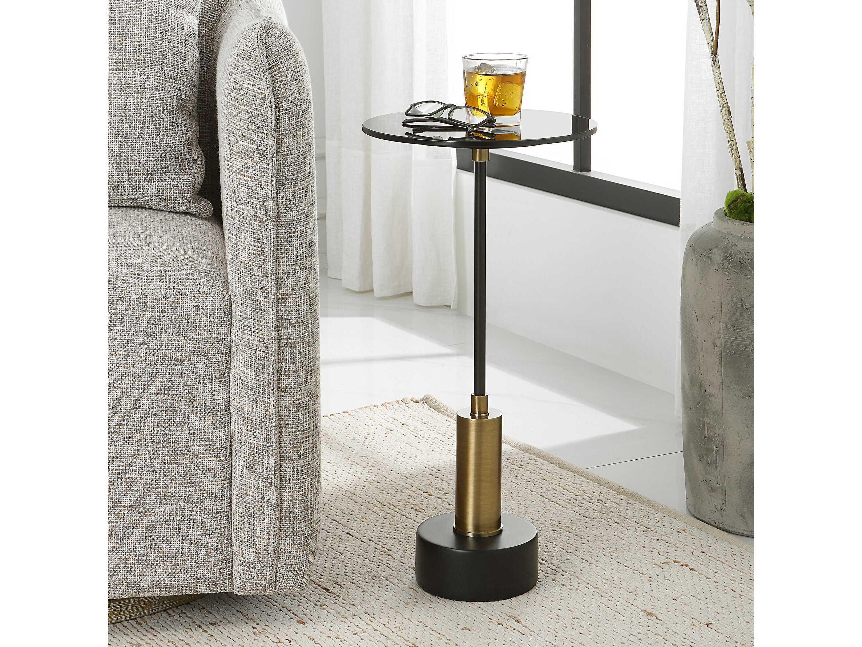 Uttermost Spector Round Glass Brushed Brass Satin Black End Table