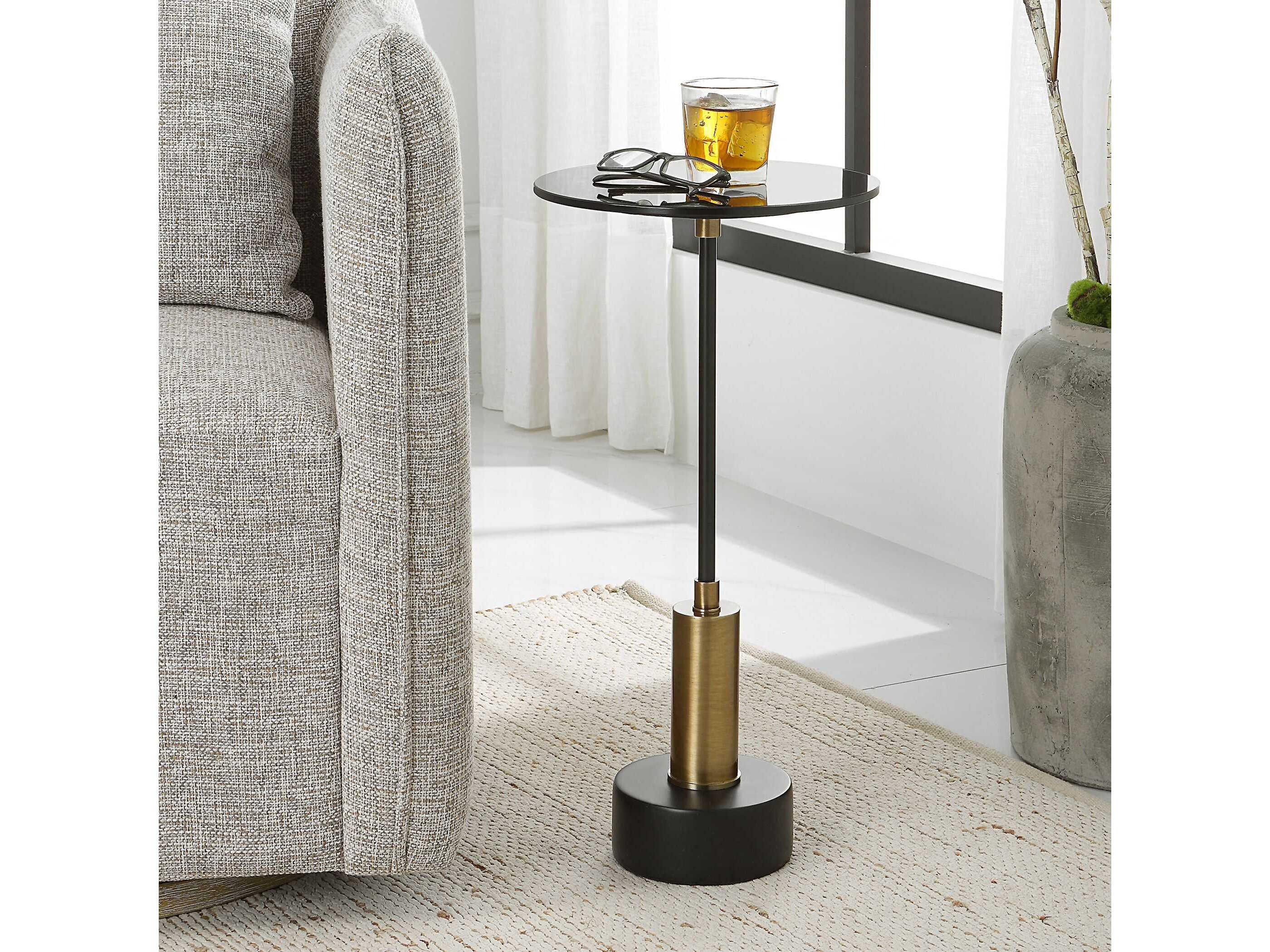 Uttermost Spector Round Glass Brushed Brass Satin Black End Table