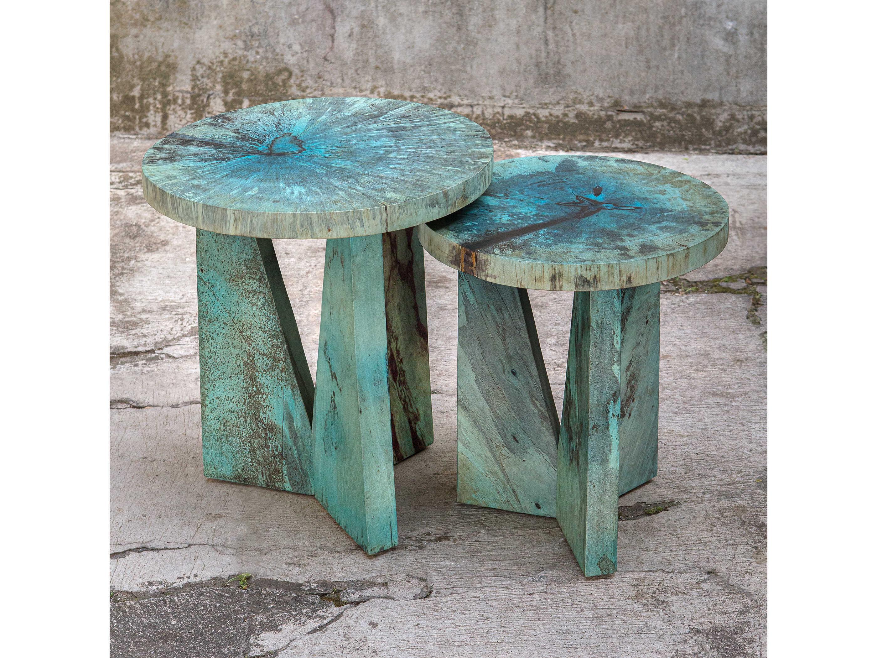 Uttermost Nadette Round Wood Blue Green End Table