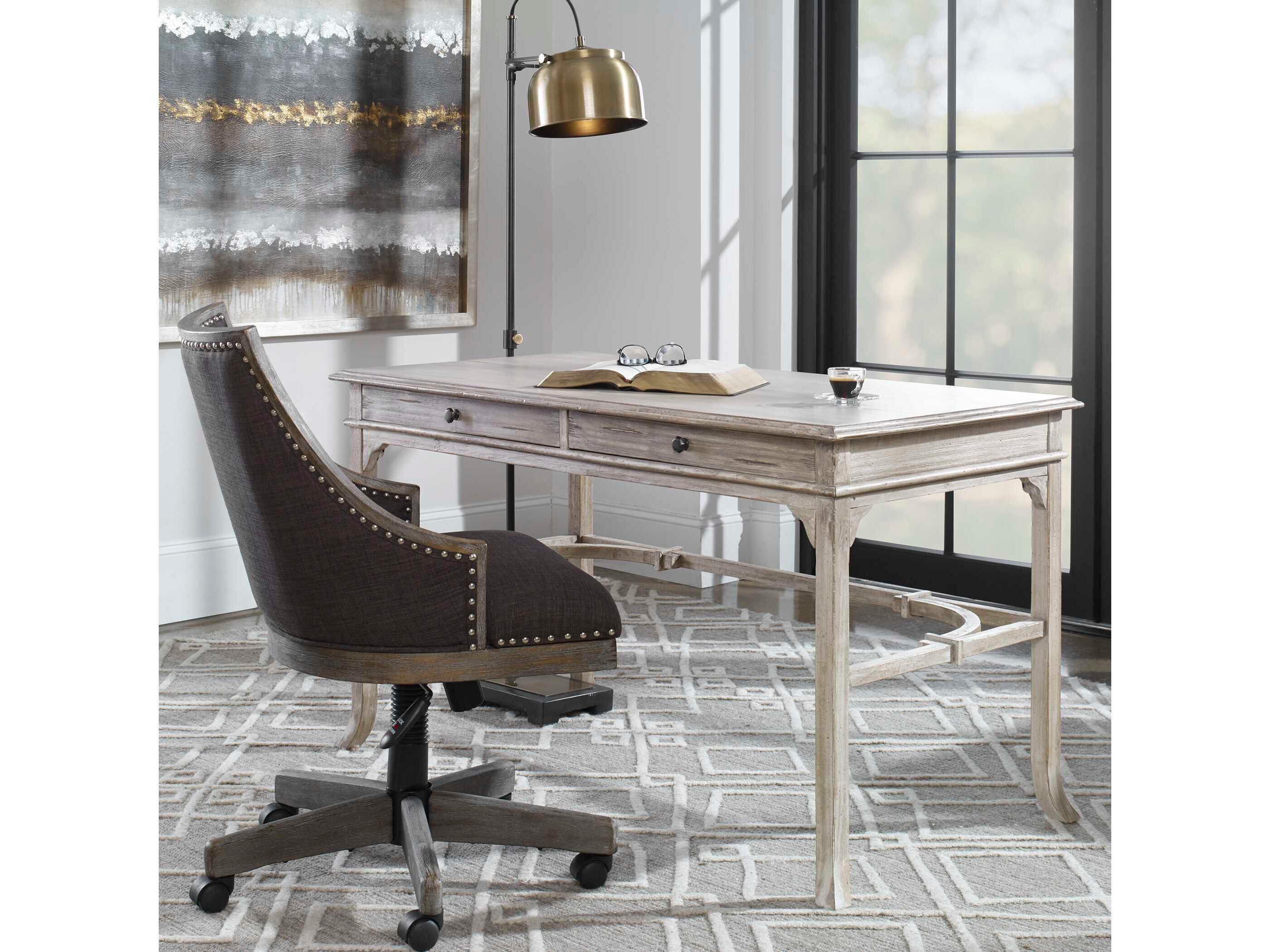 Uttermost Bridgely Aged White Beige Mango Wood Secretary Desk