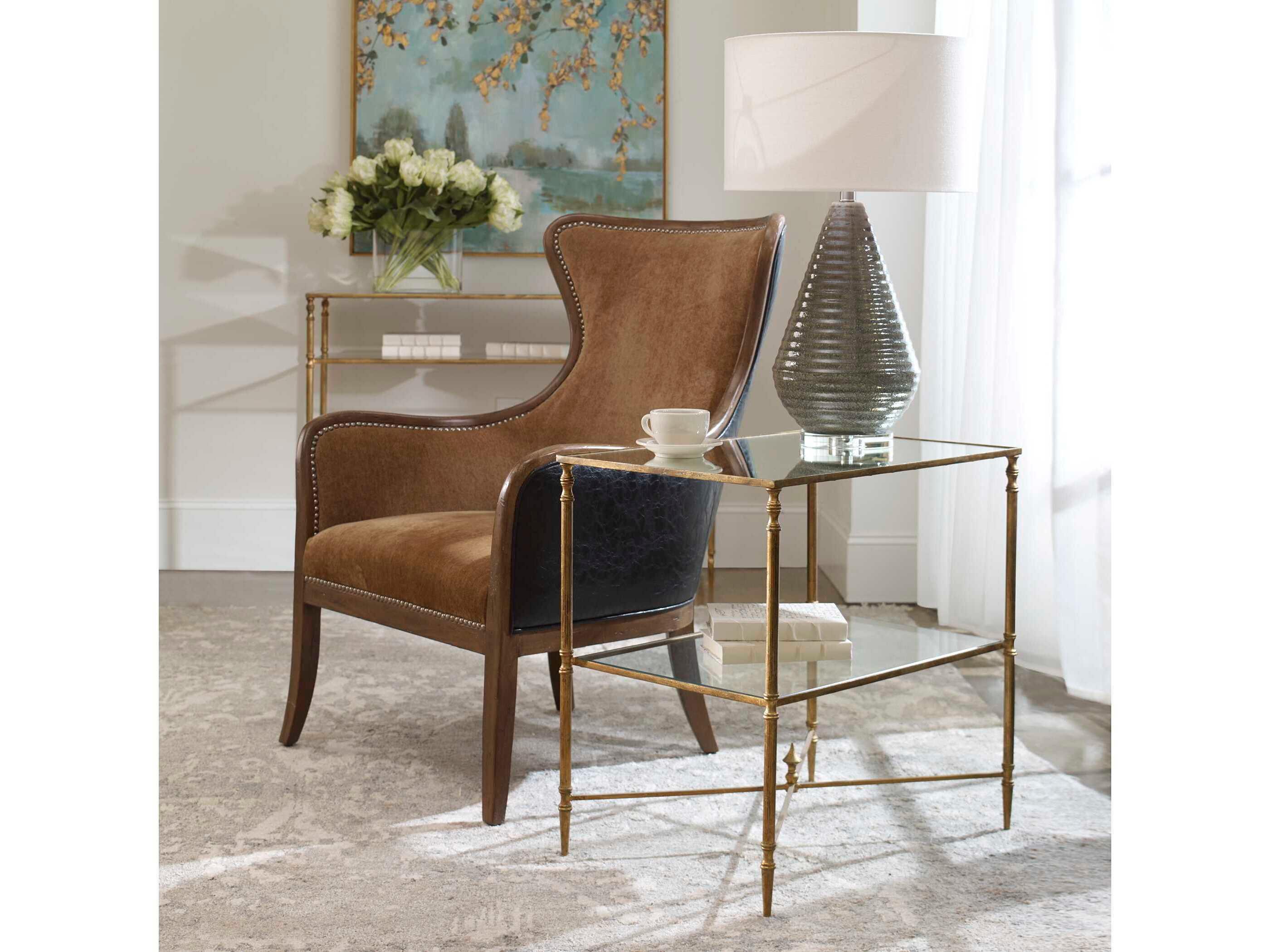 Uttermost Henzler Rectangular Glass Gold Leaf End Table