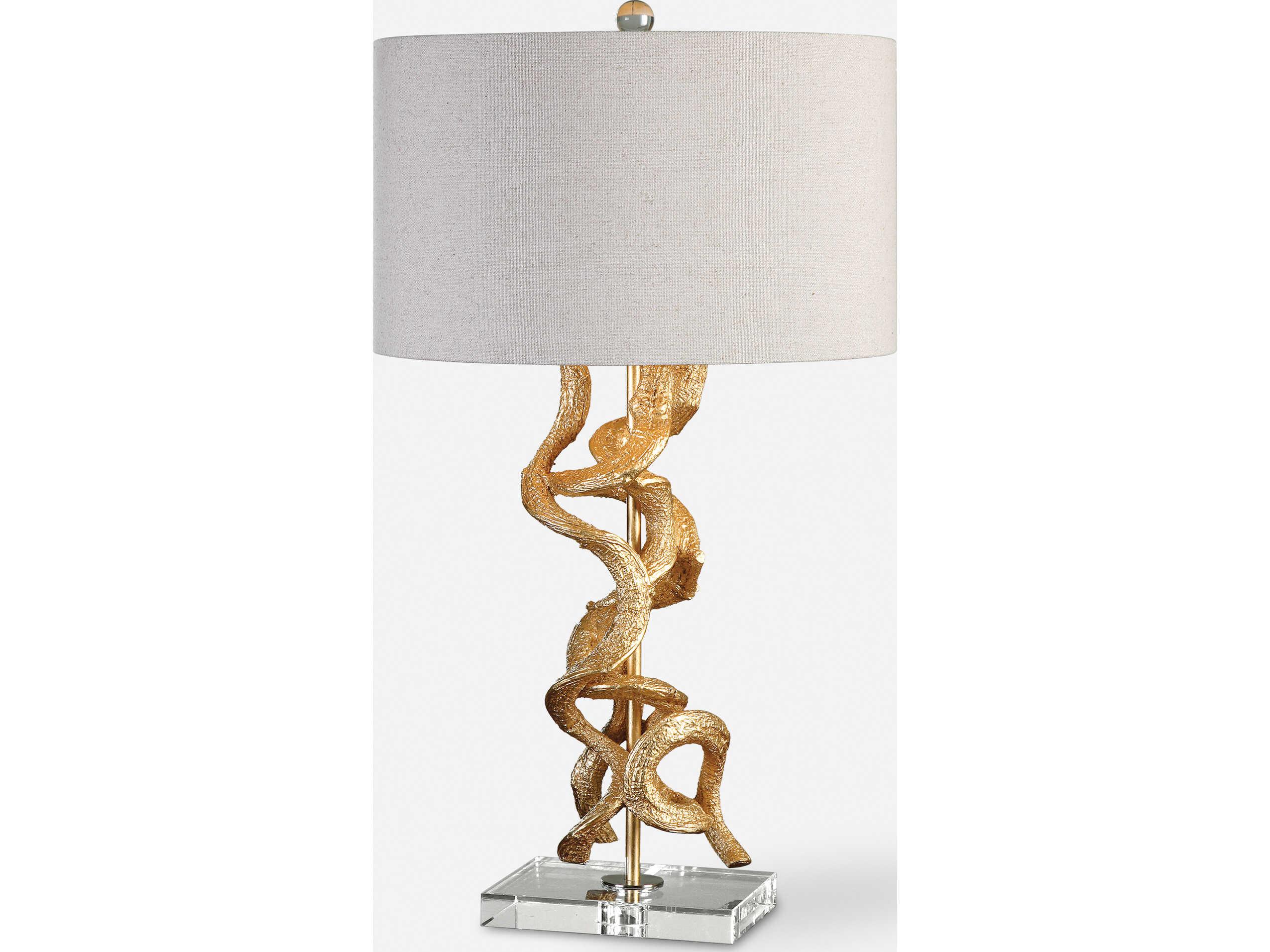 Uttermost Twisted Vines Gold Leaf Round Hardback Drum Clear Table Lamp