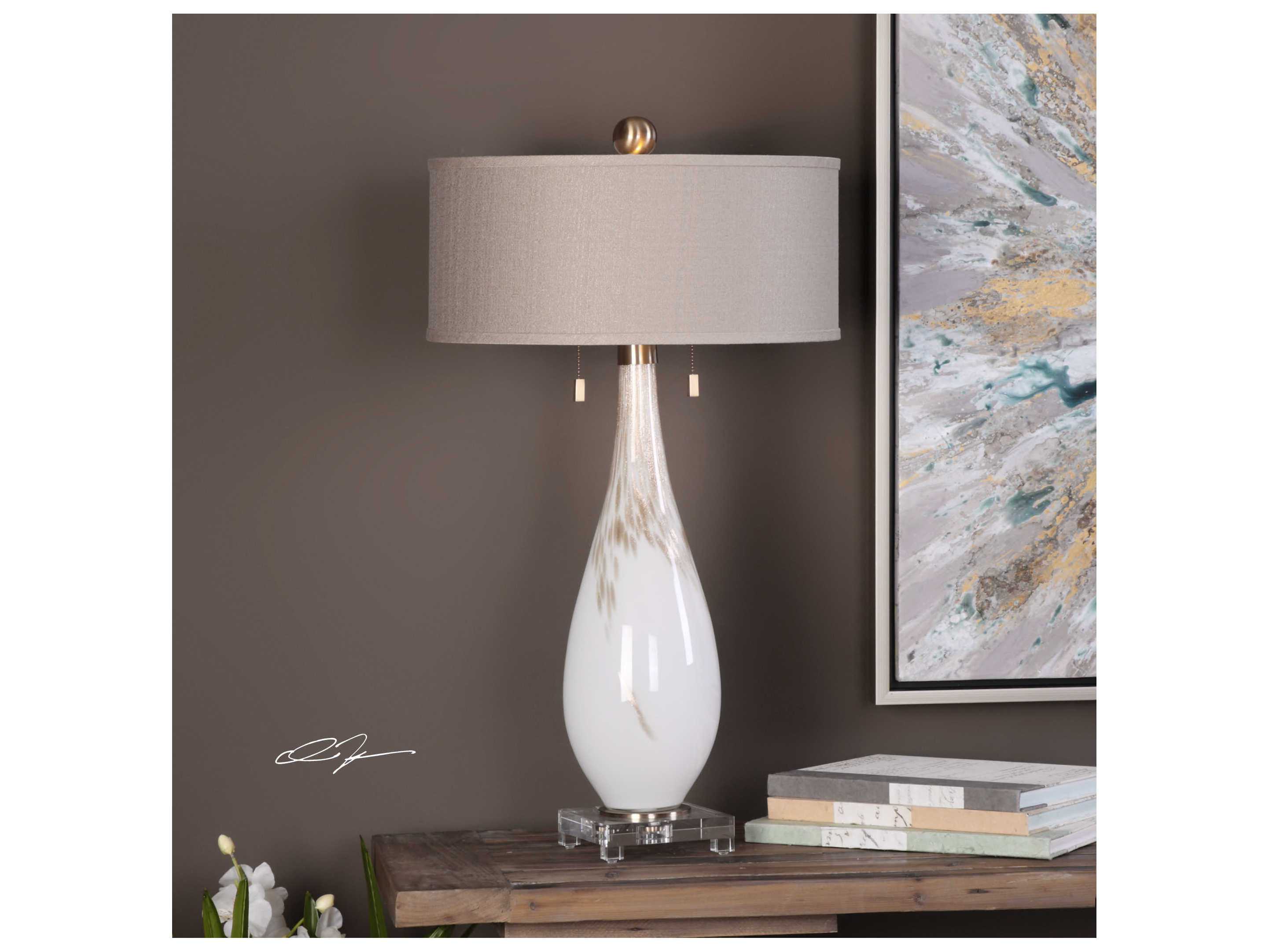 Uttermost Cardoni Metallic Golden Bronze Round Hardback Drum White Crystal Glass Table Lamp