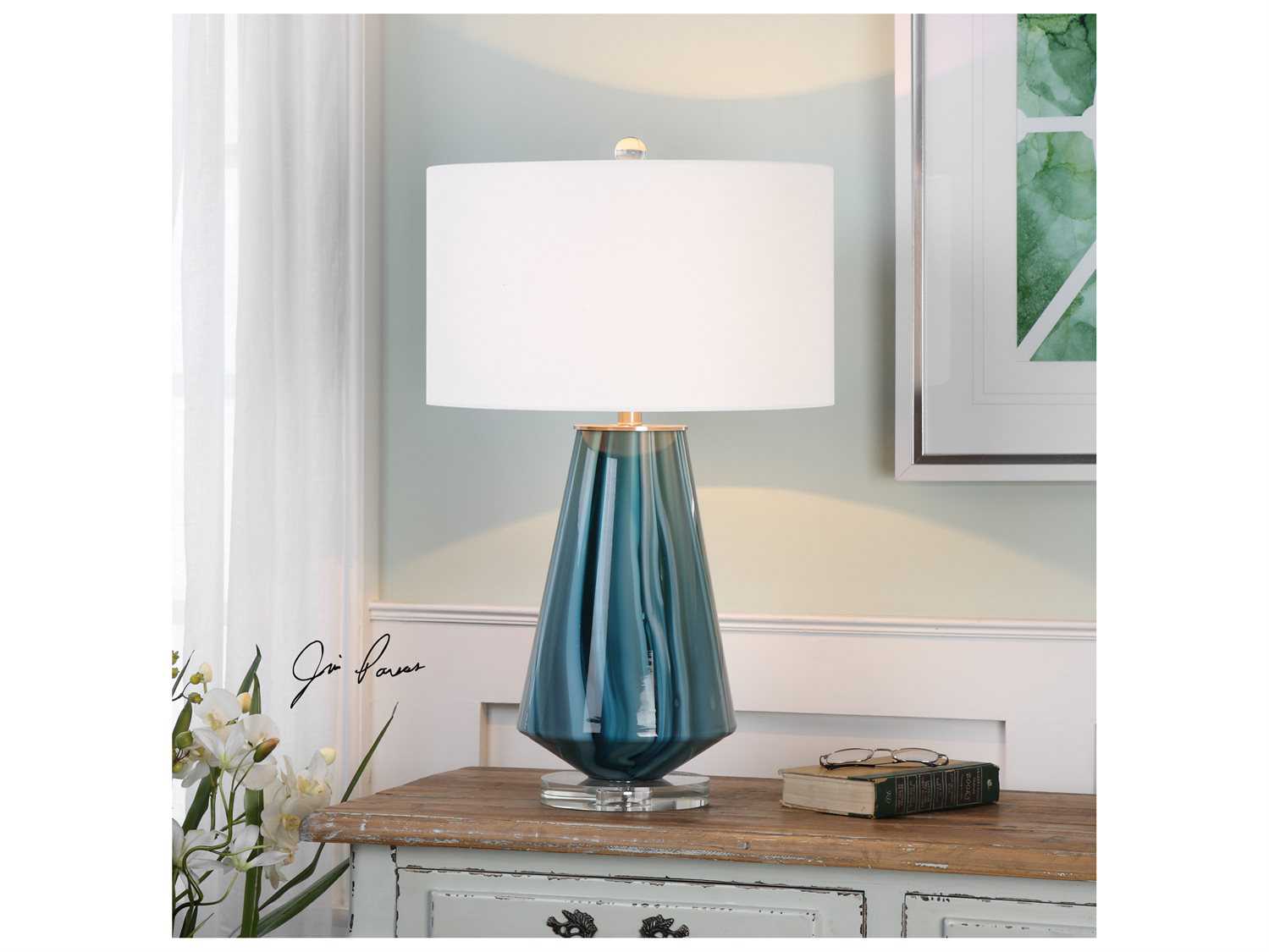 Uttermost Pescara Round Hardback Drum Blue Crystal Glass Buffet Lamp