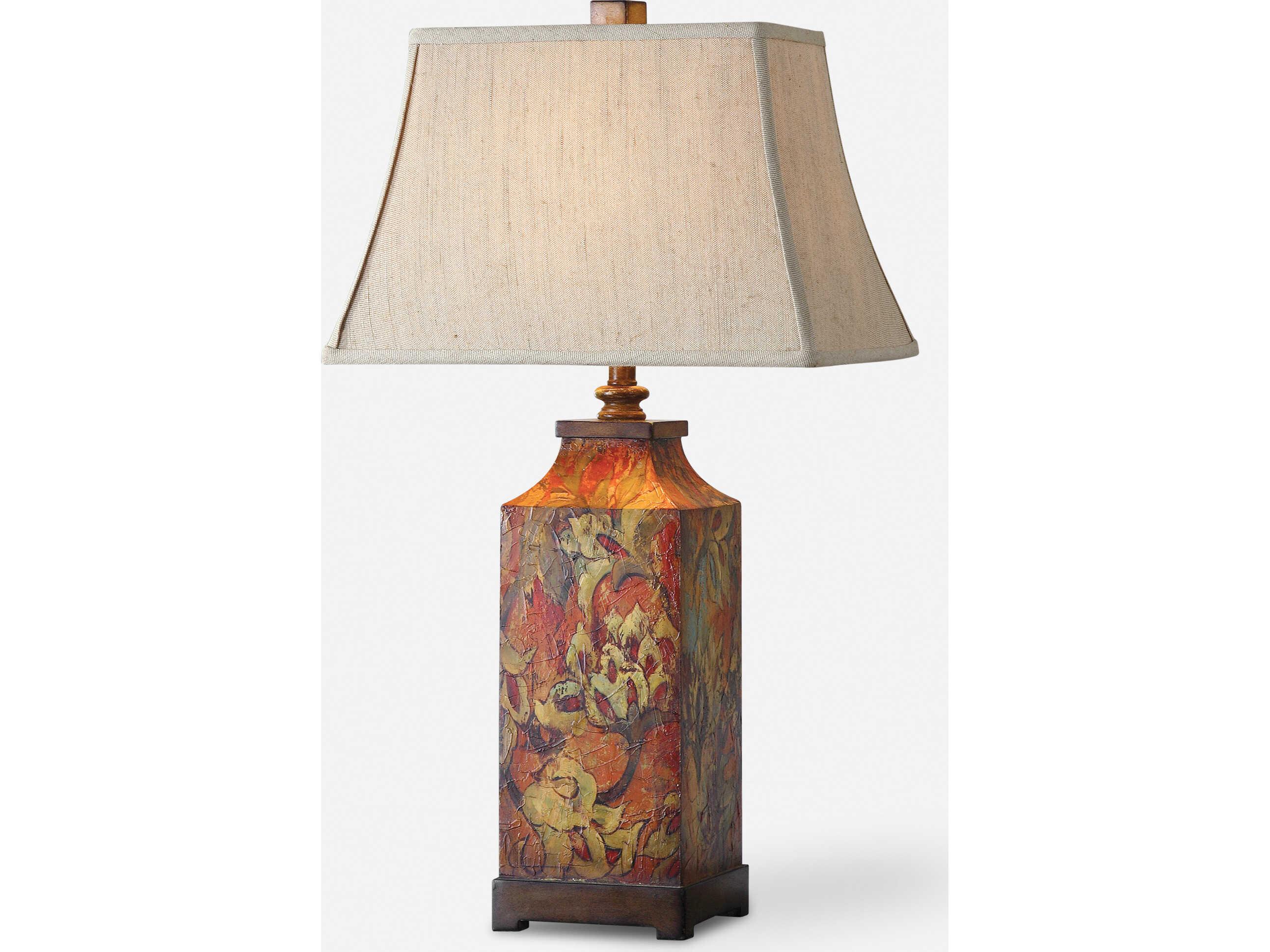 Uttermost Colorful Flowers Burnished Walnut Rectangle Bell Shade Wood Table Lamp