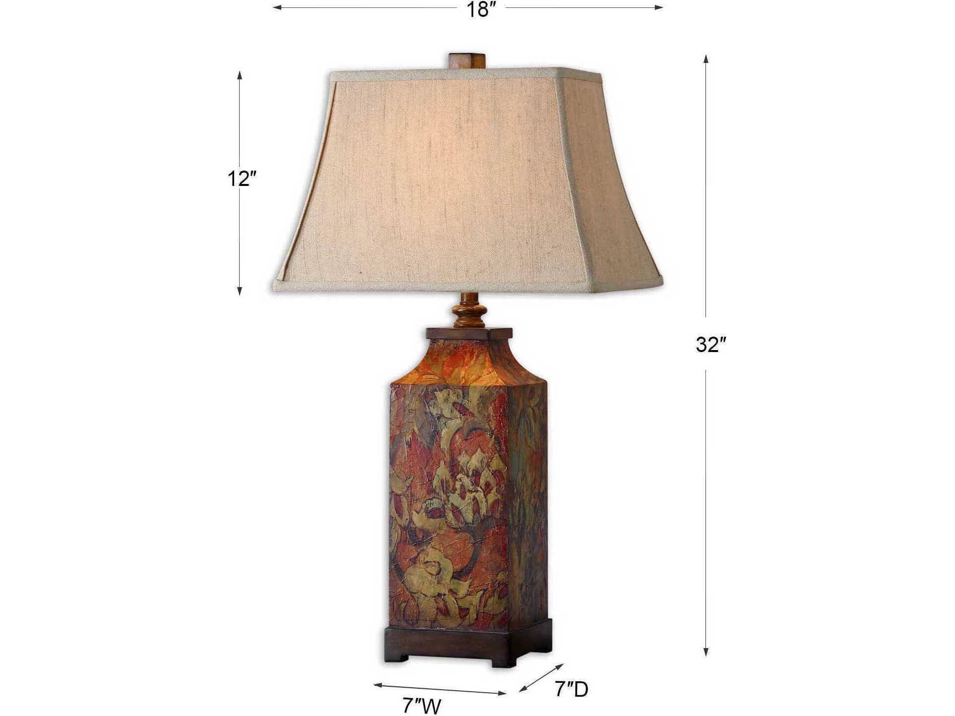 Uttermost Colorful Flowers Burnished Walnut Rectangle Bell Shade Wood Table Lamp