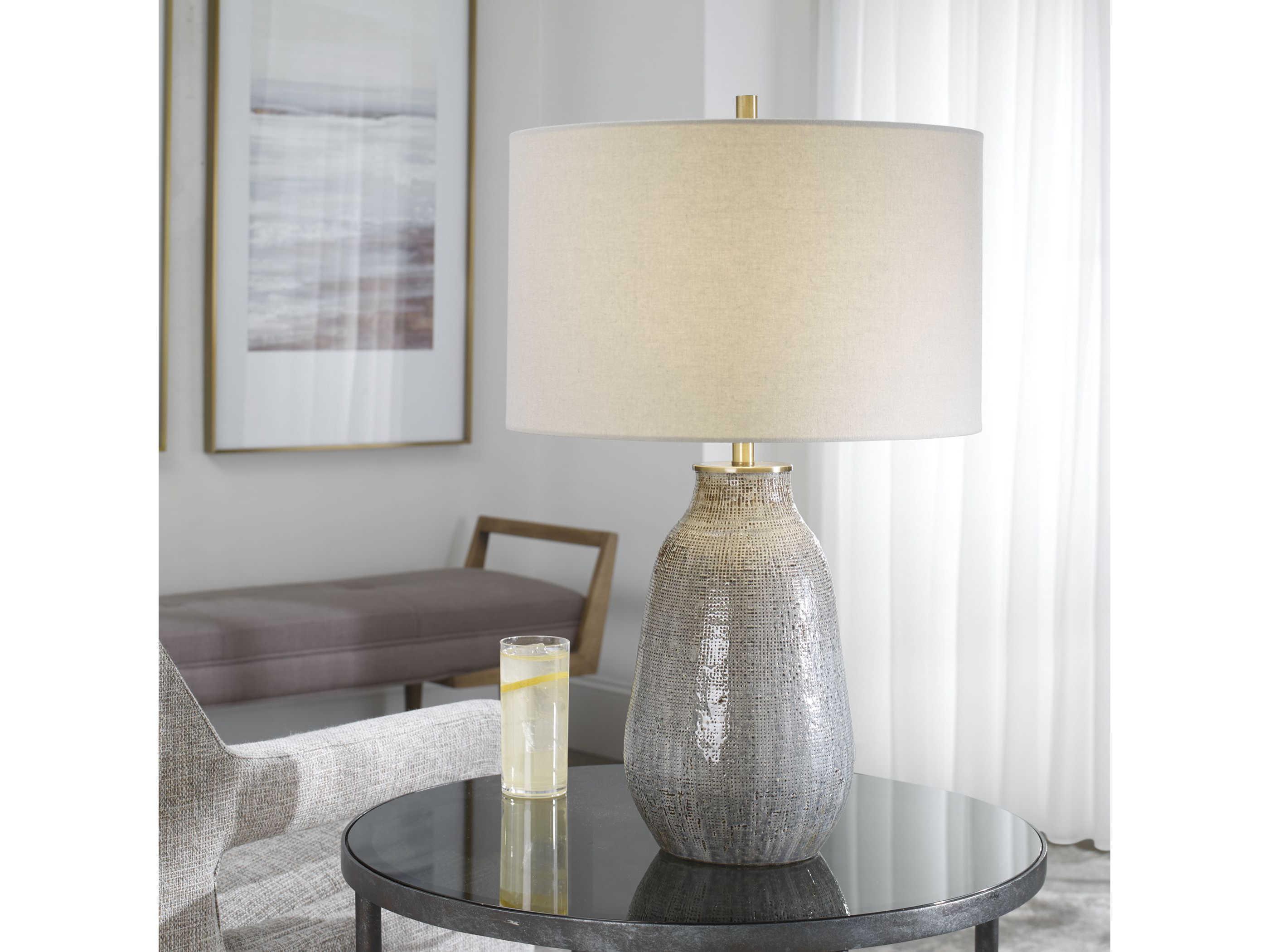 Uttermost Monacan Neutral Gray Taupe Rust Brown Round Hardback Drum Buffet Lamp